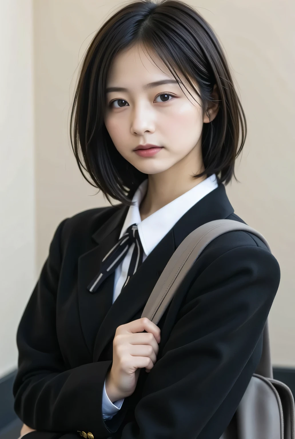black and white photo of a retro female student , by Nomi, Beautiful Japanese woman's face, extra close-up:1.8, Closeup Photos of Faces , facing straight to camera :1.37, Black and White Photography:1.37, Black and White Photography:1.37, by Nomi, Very by Nomi photos, standing, perfect anatomy:1.21, small head:1.21, thin lips:1.5, Close your lips , black trail blazer :1.21, A plain uniform from a famous high school in the city , blazer uniform, blazer, black blazer , white collar shirt:1.21, Black thin loop ribbon :1.331, carrying a school backpack , black hair:1.21 , long straight hair:1.21, Japanese woman without makeup :1.21, Beautiful Japanese Woman Face :1.21, Detailed Iris, , Sharp eyebrows:1.37, detailed face, white skin:1.21, fine skin, Glowing Skin :1.21, natural light illuminates her :1.37, レトロなBlack and White Photography, やさしい Black and White Photography :1.37, レトロな Black and White Photography :1.37, Silky Screen, Nostalgic Photos, with dynamic, cinematic lighting,
