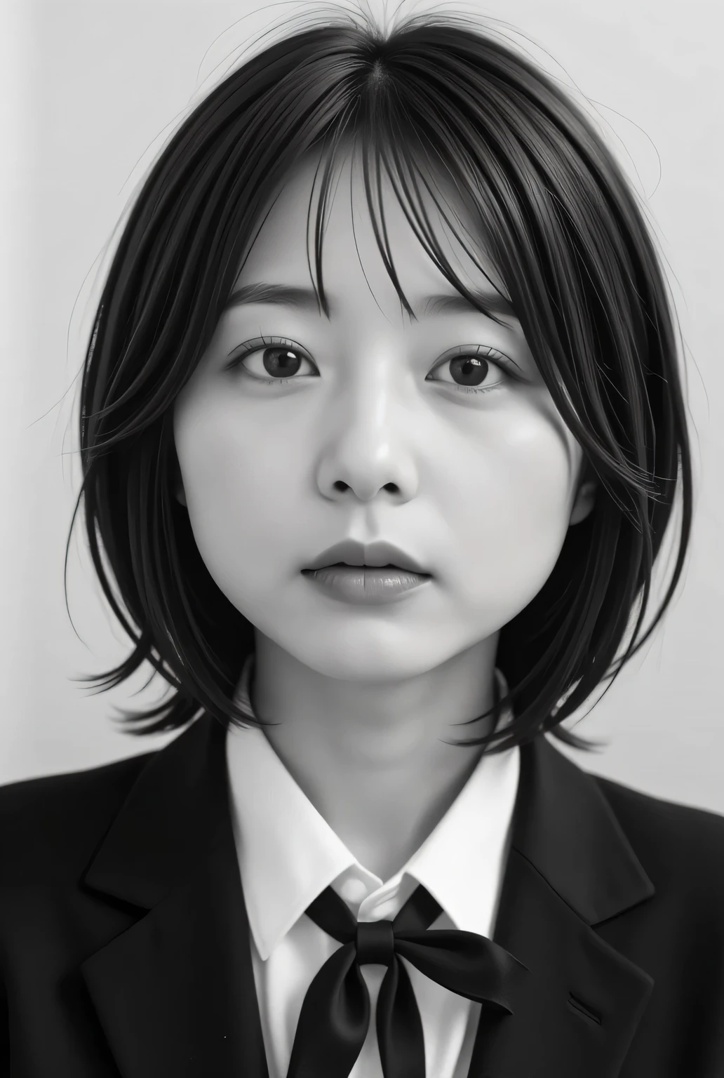 black and white photo of a retro female student , by Nomi, Beautiful Japanese woman's face, extra close-up:1.8, Closeup Photos of Faces , facing straight to camera :1.37, Black and White Photography:1.37, Black and White Photography:1.37, by Nomi, Very by Nomi photos, standing, perfect anatomy:1.21, small head:1.21, thin lips:1.5, Close your lips , black trail blazer :1.21, A plain uniform from a famous high school in the city , blazer uniform, blazer, black blazer , white collar shirt:1.21, Black thin loop ribbon :1.331, carrying a school backpack , black hair:1.21 , bob cut hair:1.21, Japanese woman without makeup :1.21, Beautiful Japanese Woman Face :1.21, Detailed Iris, , Sharp eyebrows:1.37, detailed face, white skin:1.21, fine skin, Glowing Skin :1.21, natural light illuminates her :1.37, レトロなBlack and White Photography, やさしい Black and White Photography :1.37, レトロな Black and White Photography :1.37, Silky Screen, Nostalgic Photos, with dynamic, cinematic lighting,