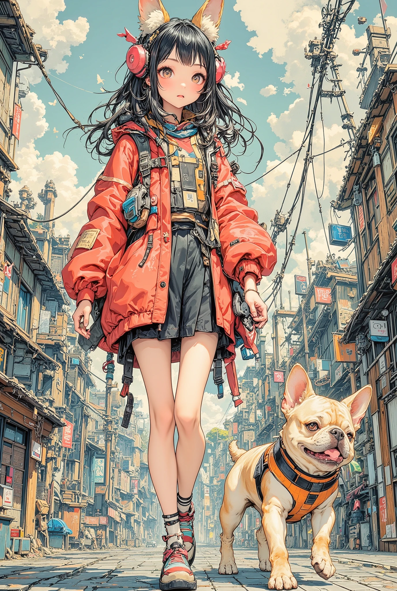 (High Definition, masterpiece, Accurate, top quality, High Definition model, high detail, (((The textures are soft))), ((matte and toy-like with a handmade premium look)), (((Tim Burton style))), Girl happily walking with her French bulldog, best quality, (intricate details:1.1), beautiful detailed, beautiful hair, pupil details,solo, 1girl, japanese, blush, five fingers, ((Pupil details)), backlighting, ((five fingers)), big breasts, ((View from below and ground level shot)),