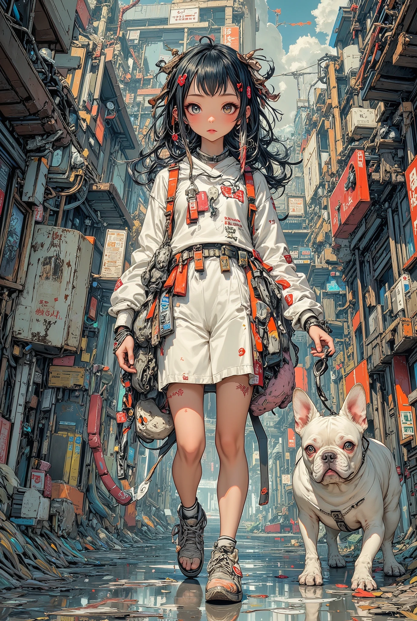 (High Definition, masterpiece, Accurate, top quality, High Definition model, high detail, (((The textures are soft))), ((matte and toy-like with a handmade premium look)), (((Tim Burton style))), Girl walking with her French bulldog, best quality, (intricate details:1.1), beautiful detailed, beautiful hair, pupil details,solo, 1girl, japanese, blush, five fingers, ((Pupil details)), backlighting, ((five fingers)), big breasts, (((low-angle view))),