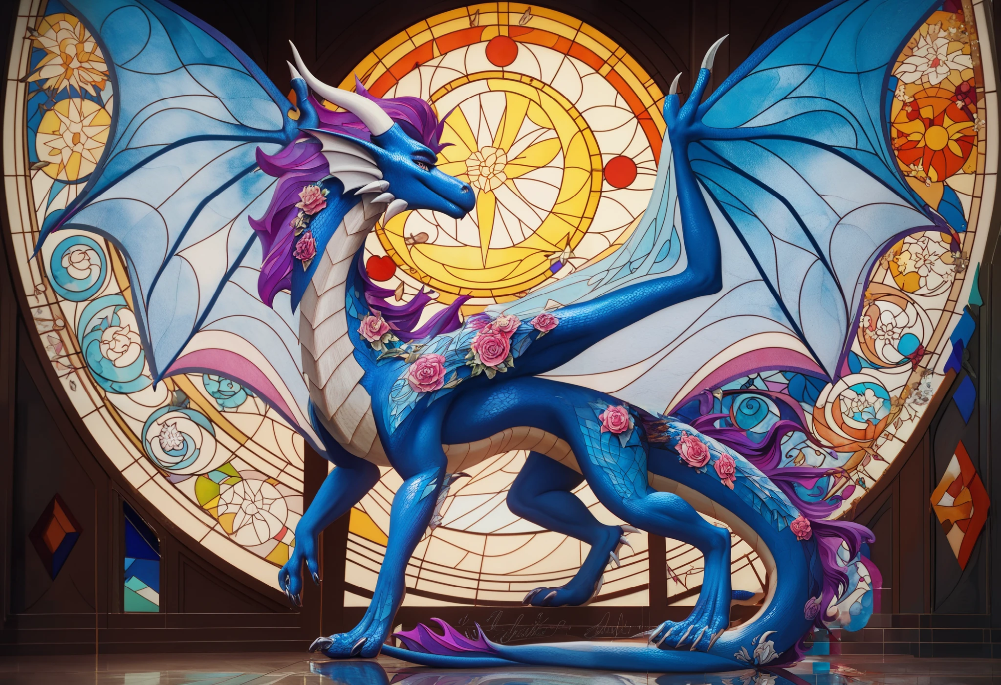 a close up of a stained glass window, a majestic gothic dragon, very cute purple dragon, dragon art, by Mario Dubsky, stained glass art, amethyst stained glass, detailed art in color, by Robert Richenburg, by Adrienn Henczné Deák, a majestic gothic indian dragon