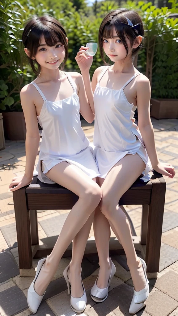 (Highest quality, Very detailed, masterpiece:1.2), ((2 women,Face it,Point your ass to the camera)), Very thin body, length, Thin legs, ((Purple-hair-color wavy short hair)), ((Thick and fluffy bangs)), Very detailedな顔,A faint smile, small, Thin Nose, small thin mouth, Extremely sharply focused eyes, Japanese, Beautiful Face, Realistic eyes, Beautiful and beautiful eyes, Realistic Skin, Beautiful Skin, charm, (A vivid face), Beautiful Hairstyles,BREAK (toweling made of white fluffy cotton:1.3), ((sleeveless, strapless):1.3), (wrap a plain white color towel over naked body:1.4), (sheath line:1.3), (wrapped soft thick white towel with fluffy trim:1.4), ((bare shoulders, bare arms, knees):1.3), (barefoot:1.3),,Dynamic pose , Turn face to the side,Angle from below Creepy and unique hairstyles, High resolution, Vibrant color palette, Mysterious and mysterious stone wall, Amazing place, Tim Burton&#39;s signature dark shadows and strange details, background, Backwards,Camera angle from below
