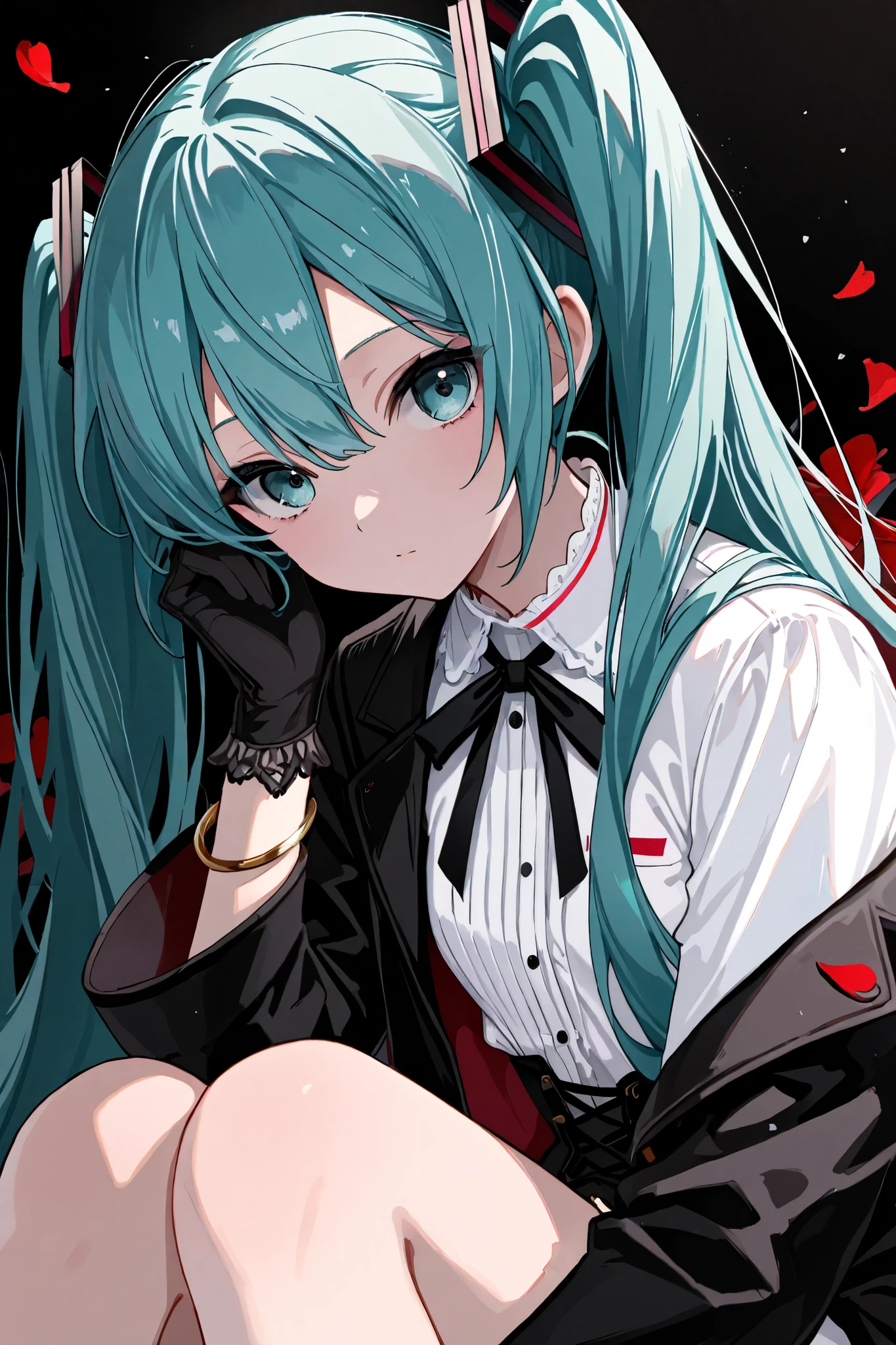 1 girl, Hatsune Miku, general ,Sluisap,Sakimistyle,748cmstyle,dark gothic, vocaloid, gloves for legs only, petals, Alone, length_hair, chest, black_ gloves for legs only, hair_ between_eye, , accurately _in_viewer, white_ shirt, shirt, 前hair, hand_up, upper_body, from_side, Eyebrow_visible_ through _hair, gradation _background, black_background, length_ sleeve, jacket, medium_chest, gradation , closed _mouth, bracelet