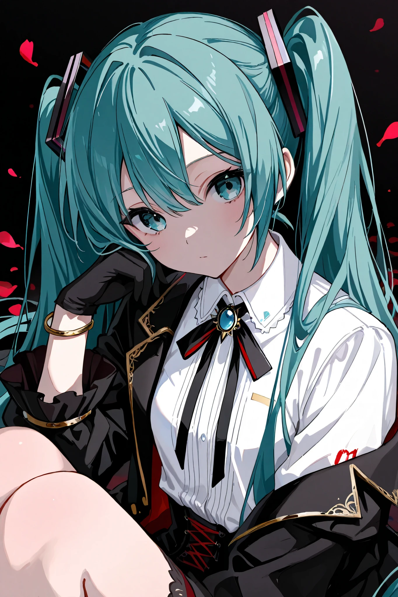 1 girl, Hatsune Miku, general ,Sluisap,Sakimistyle,748cmstyle,dark gothic, vocaloid, gloves for legs only, petals, Alone, length_hair, chest, black_ gloves for legs only, hair_ between_eye, , accurately _in_viewer, white_ shirt, shirt, 前hair, hand_up, upper_body, from_side, Eyebrow_visible_ through _hair, gradation _background, black_background, length_ sleeve, jacket, medium_chest, gradation , closed _mouth, bracelet