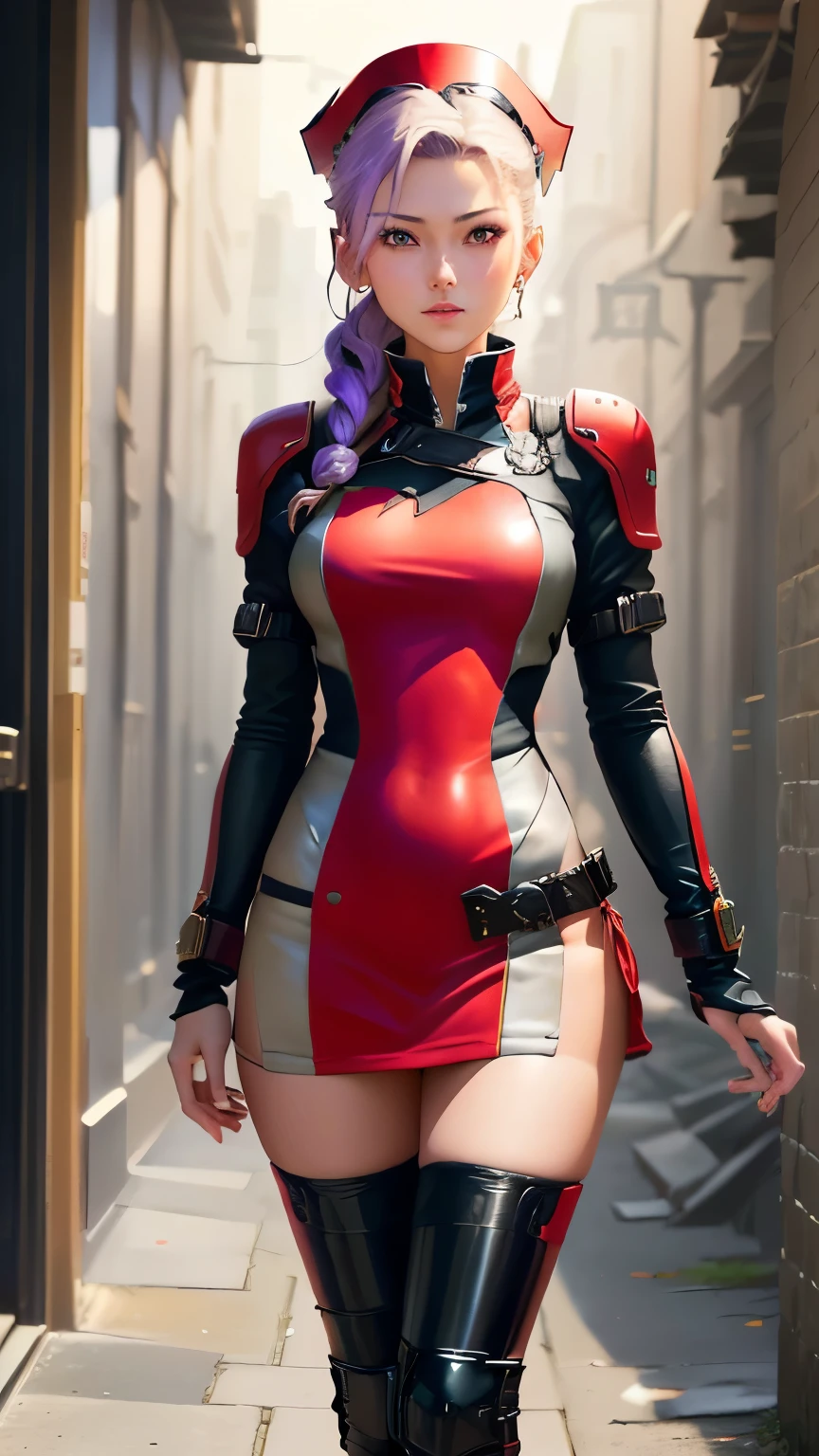 A woman in a red dress has a miniskirt, Red miniskirt uniform , is standing in front of a wall in a silver miniskirt dress Edward Corbett posing as a woman wearing a headpiece miniskirt , video game characters, Full body female, katana zero video game characters, Cammy, King of Fighters characters , wearing a red captain's uniform , Keizan Okada, Latex clothing, Anime The Chamba , retro-futuristic heroine with light purple hair