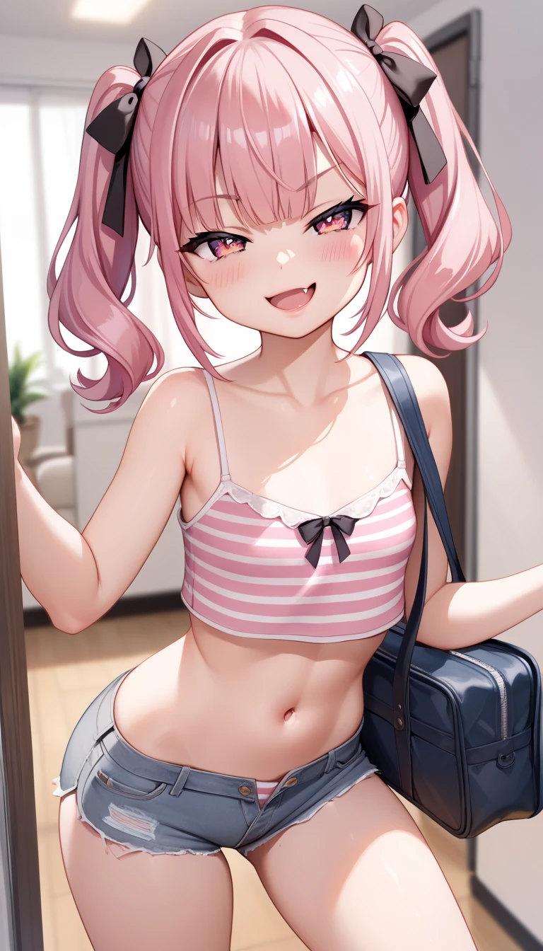 Pink Hair, Pink Eyes、girl、Small breasts、Hair Bun、girl、Small breasts、Lolita、Bright smile、Looks about 15 years old、Petan Musume、He is short、Eye highlights、Sexy thighs、room、Light clothing、Sexy Hot Pants、Breast flash