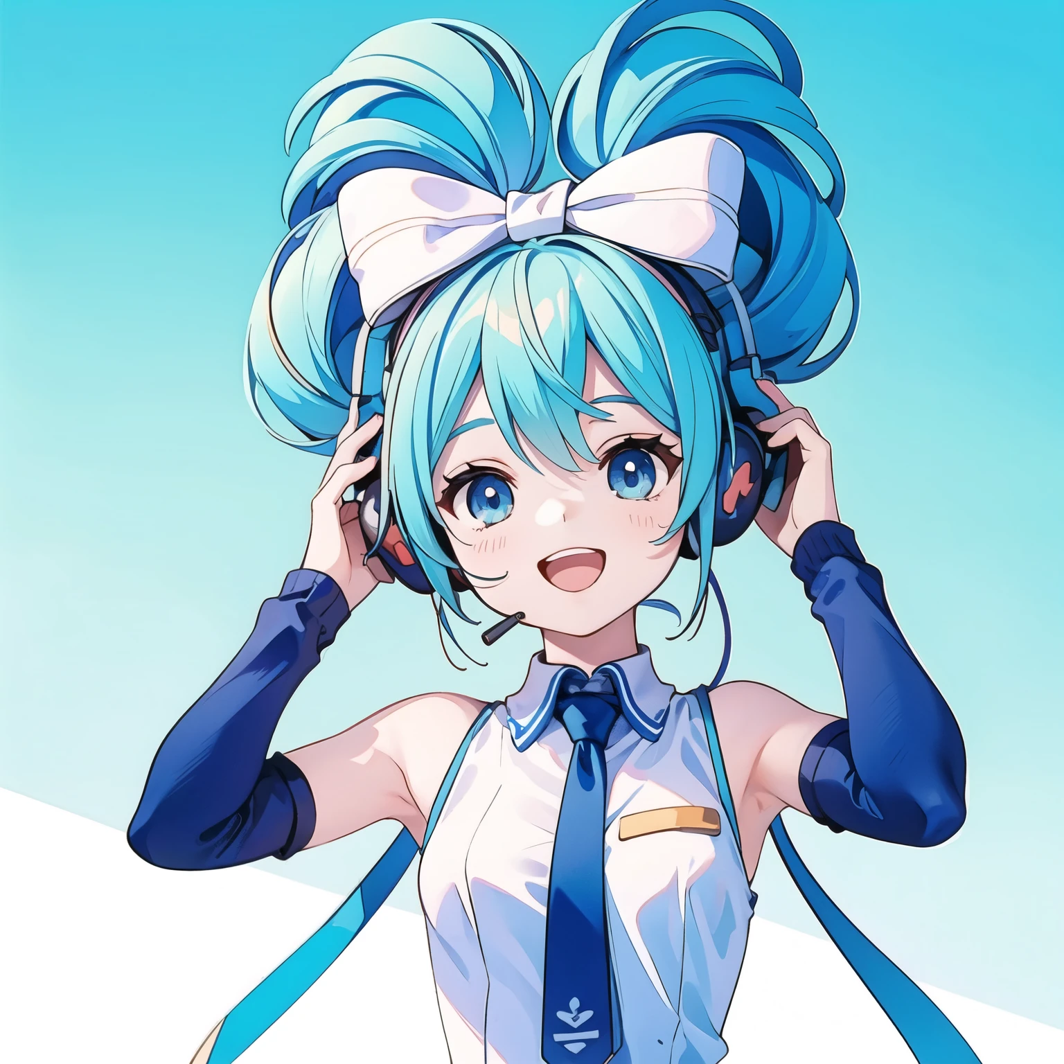    a small character ,Cinnamic,  high res,  Look,  Brush,  smile,    Open Your Mouth ,   top quality,    headphones , Blue Hair/ light blue hair,  blue eyes