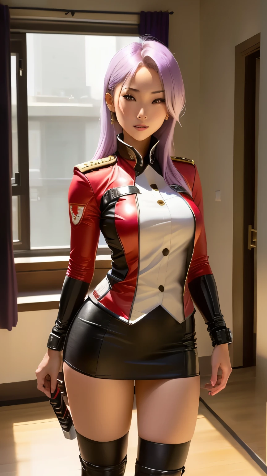 A woman in a red dress has a miniskirt, Red miniskirt uniform , White panties are visible from the silver miniskirt , Edward Corbett disguised as a woman wearing a miniskirt , video game characters, Full body female, katana zero video game characters, Cammy, King of Fighters characters , wearing a red captain's uniform , Keizan Okada, Latex clothing, Anime The Chamba , retro-futuristic heroine with light purple hair