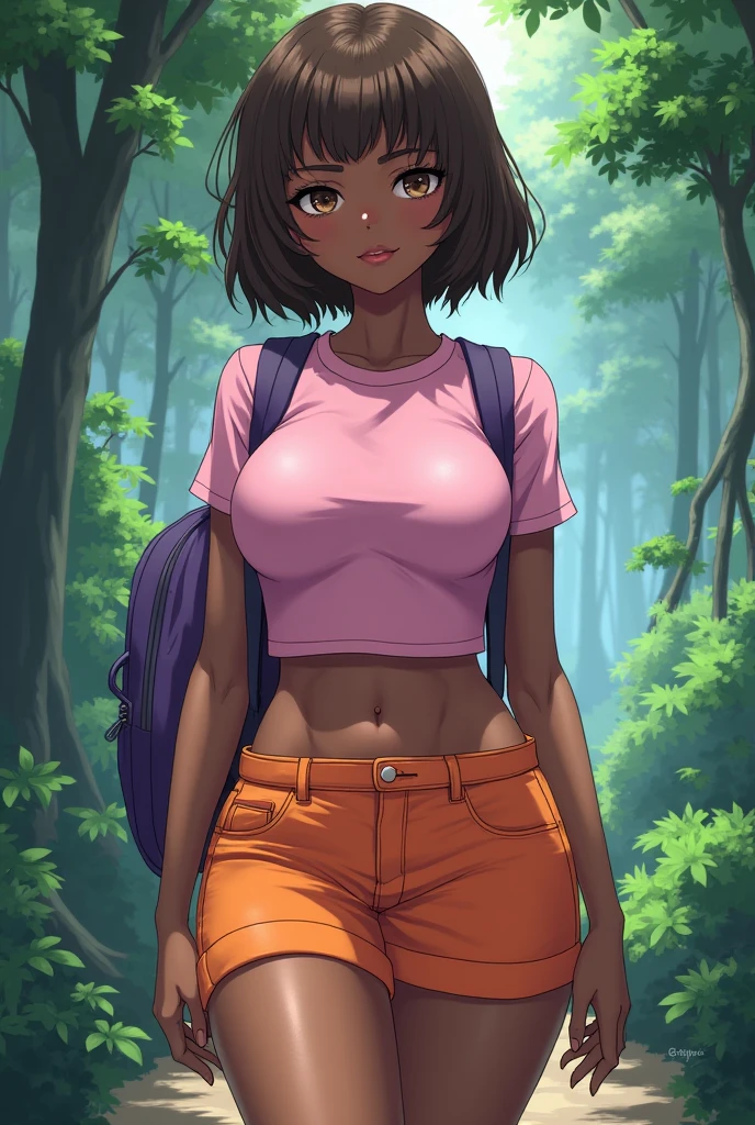 Full body portrait of Dora the explorer. A young adventurous girl of about 16 years old, with tanned skin and short brown hair with bangs, and large expressive green eyes. She has a small nose, medium-sized lips, small ears, and a round face. She is wearing a transparent pink t-shirt pull up, showing tits, and pull down shorts to the knees, orange mini shorts, both with visible texture and details. She has a blue backpack and is holding a torch in her hand. She is walking and surrounded by lush green jungle vegetation. Create the image in a detailed and vibrant style similar to an adventure movie poster. Realistic style. puffy nipples, shaved pussy, nice legs, perfect body, erotic posing.