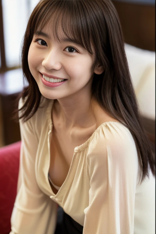 masterpiece,best quality,(Japanese ),((Beautiful girl)),cleavage,indoor,(perfect body beauty:1.2),(shy smile),beautiful teeth,