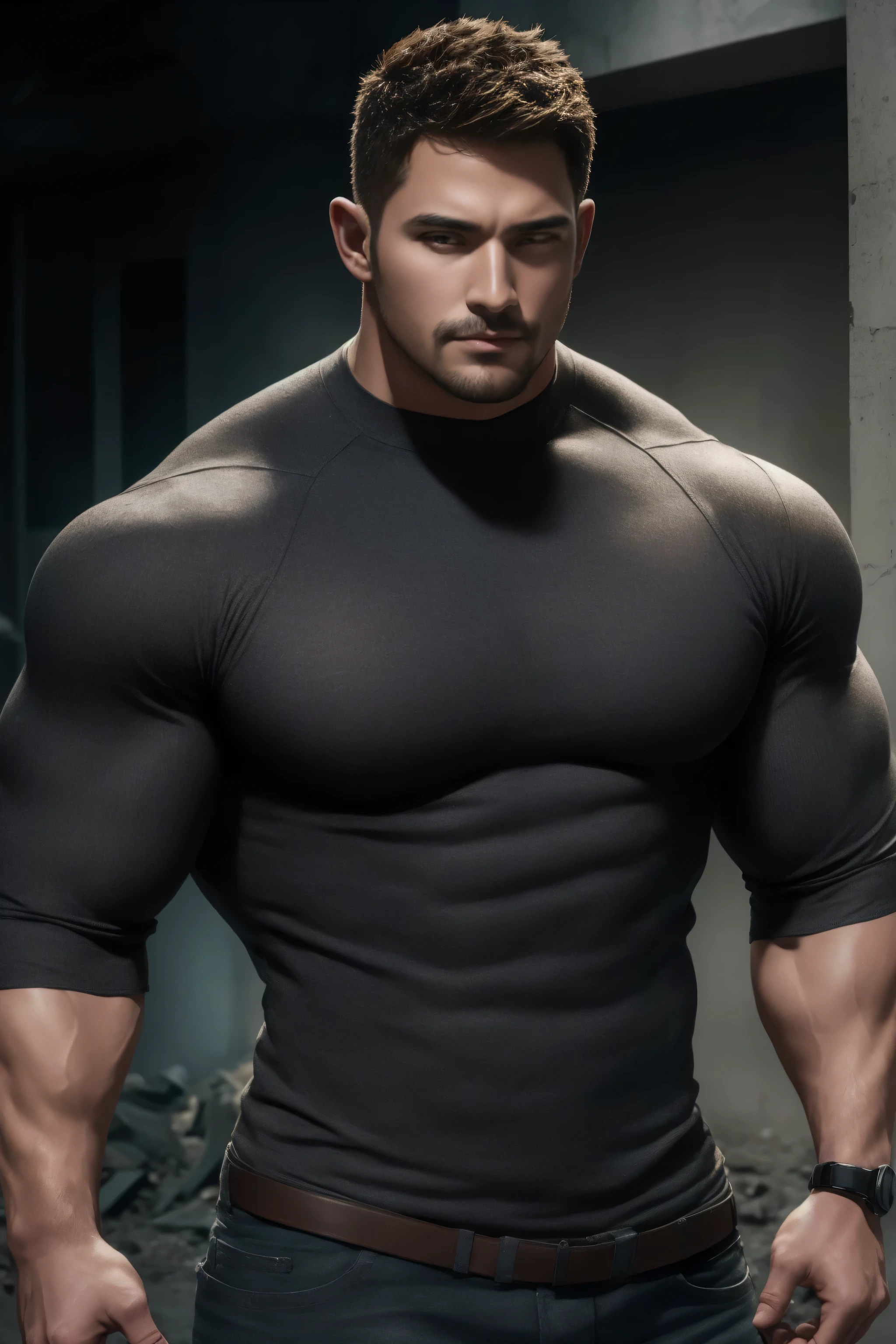 a young and very handsome man, massively muscular, with massively large muscles, with massively large biceps, with massively large arms, very scared, wearing a blue shirt, on a black background