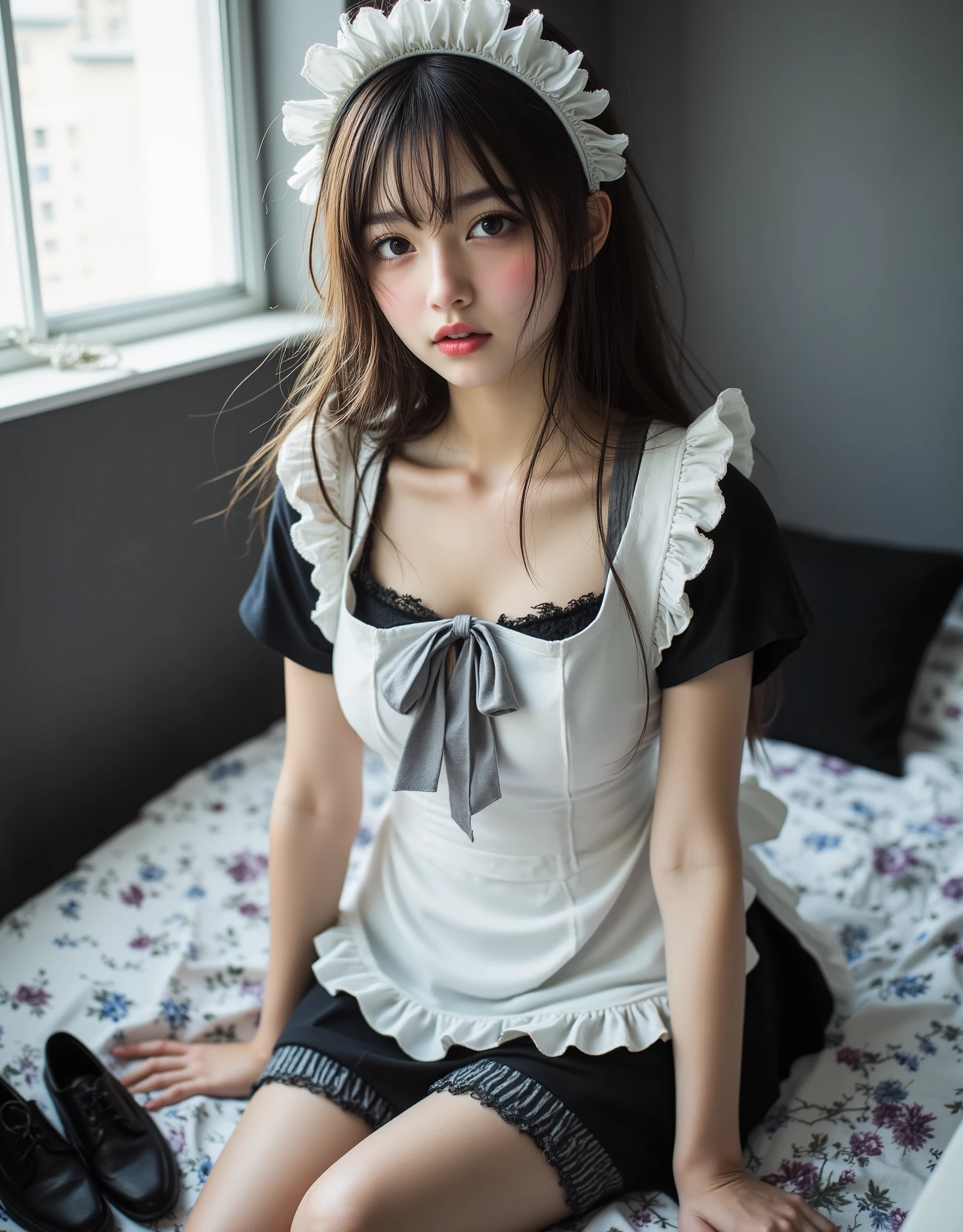 (Canon), (EOS R5), (50mm), ((( photorealistic:1.5))), (No lens flare :1.5), ((超 high res)), ( Masterpiece), accurate,( by Nomiな質感の肌), super detailed, high detail on the face, high quality , Award-winning work , 最 high quality, 32K, depth of coverage, digital camera, award-winning glamour photo , professional lighting,(SFW), ((最 high quality:1.5)), (( Masterpiece:1.5)), (( by Nomi)), high res, by Nomiな影, Roughness, Real Life,(( A very beautiful and cute Japanese woman :1.5)), (( cute Japanese top idol )), ((Upper body shot seen obliquely from the front :1.5)), ( upper body shot seen from the side :1.2), (( upper body shot from head to knee :1.8)), (( cute 18-year-old Japanese high school girl )), 1 girl, (( Very cute maid girl with a gray bow )), Beautiful and adorable bedroom , ( sitting on the bed), is looking at this, ( brown medium hair), ( I'm wearing a white fluffy headband with big ruffles on my head:1.5), (I'm wearing a gray ribbon ), (( I'm wearing luxurious black and white gothic Lolita-style maid clothes )), (( I'm wearing a gorgeous white apron with lots of frills )), with lots of frills , Knee-high socks with gray stripes up to the thigh, black and gray stripes, There are cases where black leather maid shoes are placed next to the bed, dreamy and shy expression , Attractive cuteness , seductive poses, Height: 160cm, slim figure, beautiful shaped big bust , F Cup, cleavage of bust visible, (( very cute smile with slightly visible teeth :1.5)), ( alone:1.5), (Only one person in the bedroom), ( show your hands as little as possible ), ( brown eyes:1.9), ( Detailed depiction of extremely realistic skin ), (Highly detailed, realistic eyes:1.9), ( extremely beautiful long realistic eyelashes ), (Highly detailed, realistic eyebrows), (丸い brown eyes :1.8), ( beautiful catchlight on the eyes), (Realistic lips with moisture ), ( white realistic teeth neatly arranged ), ( Beautiful and Detailed Face :1.6), ( hourglass shape:1.6), (Wasp waist :1.5), ( Perfectly round and beautifully shaped bust :1.8), ( clearly contoured cheekbones :1.5), ( perfect style body :1.8), (Healthy body :1.8), (Narrow shoulders:1.9), ( viewer), ( captivating gaze), (Beautiful, natural-looking hands), ( beautiful white nails with a beautiful length ), ( playful and curious posture ), gray-themed bedroom , ( the whole room is light blue ), Gray wall, Gray ceiling , Gray floor, There is a black pillow with a white and gray flower pattern on the bed, gray bed sheets with floral patterns , dark gray curtains with flower patterns , Gray furniture , soft white lighting , ( Dreamy Cozy), fantasy style, Glow effect, Bright dynamic lighting ,