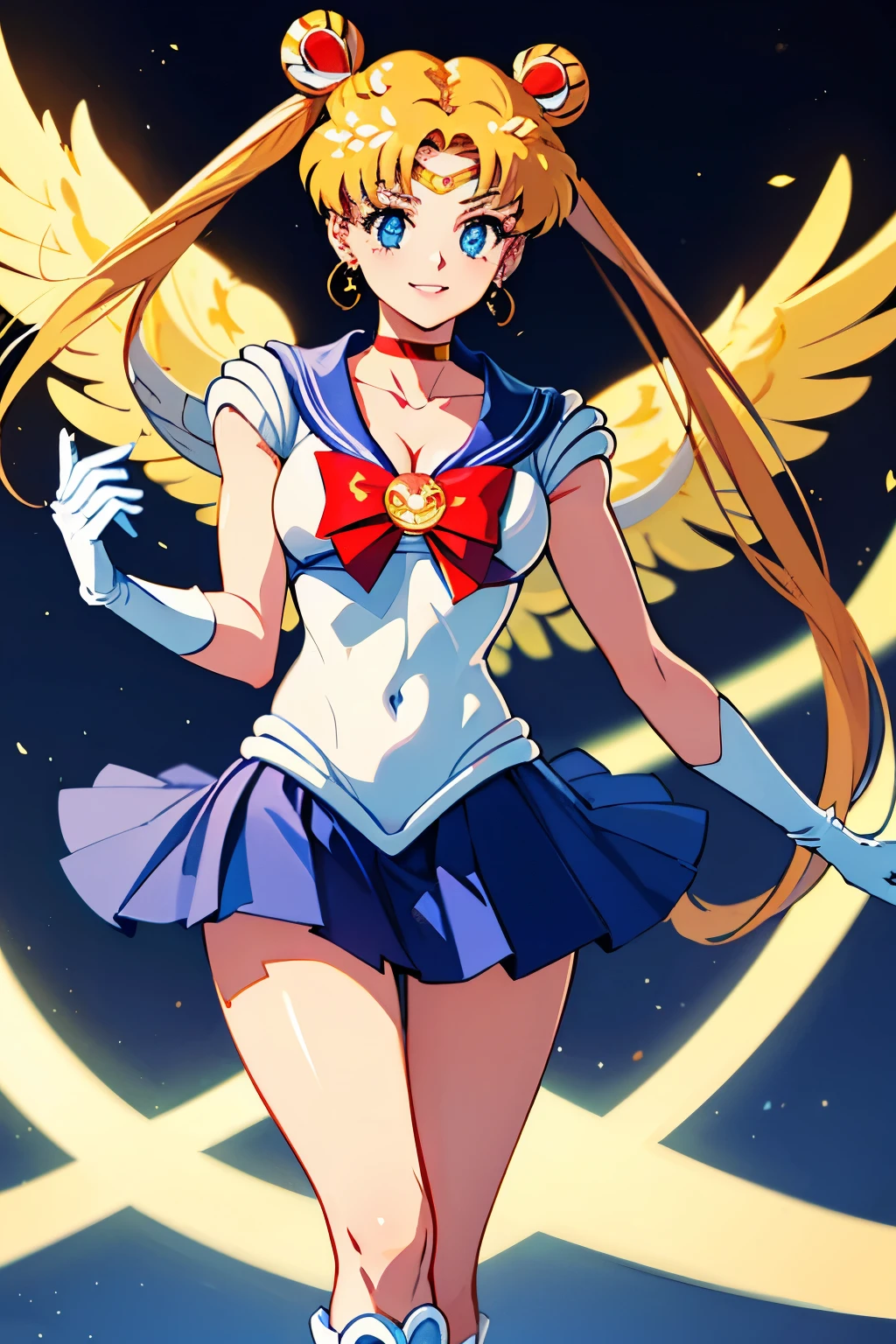 ( top quality:1.3), (masterpiece:1.4),( anatomically accurate), ( total limb),( perfect to fingertips ),(Accurate fingertips), (Fine details),(8k), Photoreal,Sailor Moon!!!!!!!!, Sailor Moonスタイル, Sailor Moon, sailor warrior uniform ,( Sailor Moon:1.52),Bunbashira, Aqua Eyes,( white gloves:1.2),( red choker :1.2),( blue skirt from crotch :1.2),( red boots:1.2),( red ribbon:1.2),( super detailed),(90s Anime,9 0 s anime,90s anime style,cheer up, cell shade anime), Full:1.3,stand,。.。.。.。.。.。.3d, by Nomi,Ultra Fine Shooting , super detailedCGユニティ8K壁紙, from below, intricate detail on the edge of the garment,( female 1 person),20 years old,(, Tierra, sailor warrior uniform ,white gloves, sailor warrior uniform :1.2, beautiful girl), shiny blue sexy pleated miniskirt :1.3,Golden tiara on the forehead:1.5,Exposing upper arms:1.1, LUXURIOUS GOLD DECORATION :1.3, long white latex gloves with luxurious gold embellishments :1.3, Very large blue ribbon on the back of the waist ,,,,,,,:1.1,Bold Sexy Chest ,(( Seductive Smile , very cute face with toes, facial details :1.5,Beautiful appearance,beautidFull eyes, glowing eyes, thin lips:1.3, thin, sharp thin eyebrows ,, Long Dark Lashes ,Double eyelashes)), LUXURY GOLD JEWELRY ,( Very thin, form-fitting shiny white holographic leather:1.3), bold and sexy slender high leg gravel swimsuit ,(Combat Stance), big white wings ,Lean and muscular muscles,muscular abs, small face, Busty , perfect proportions,