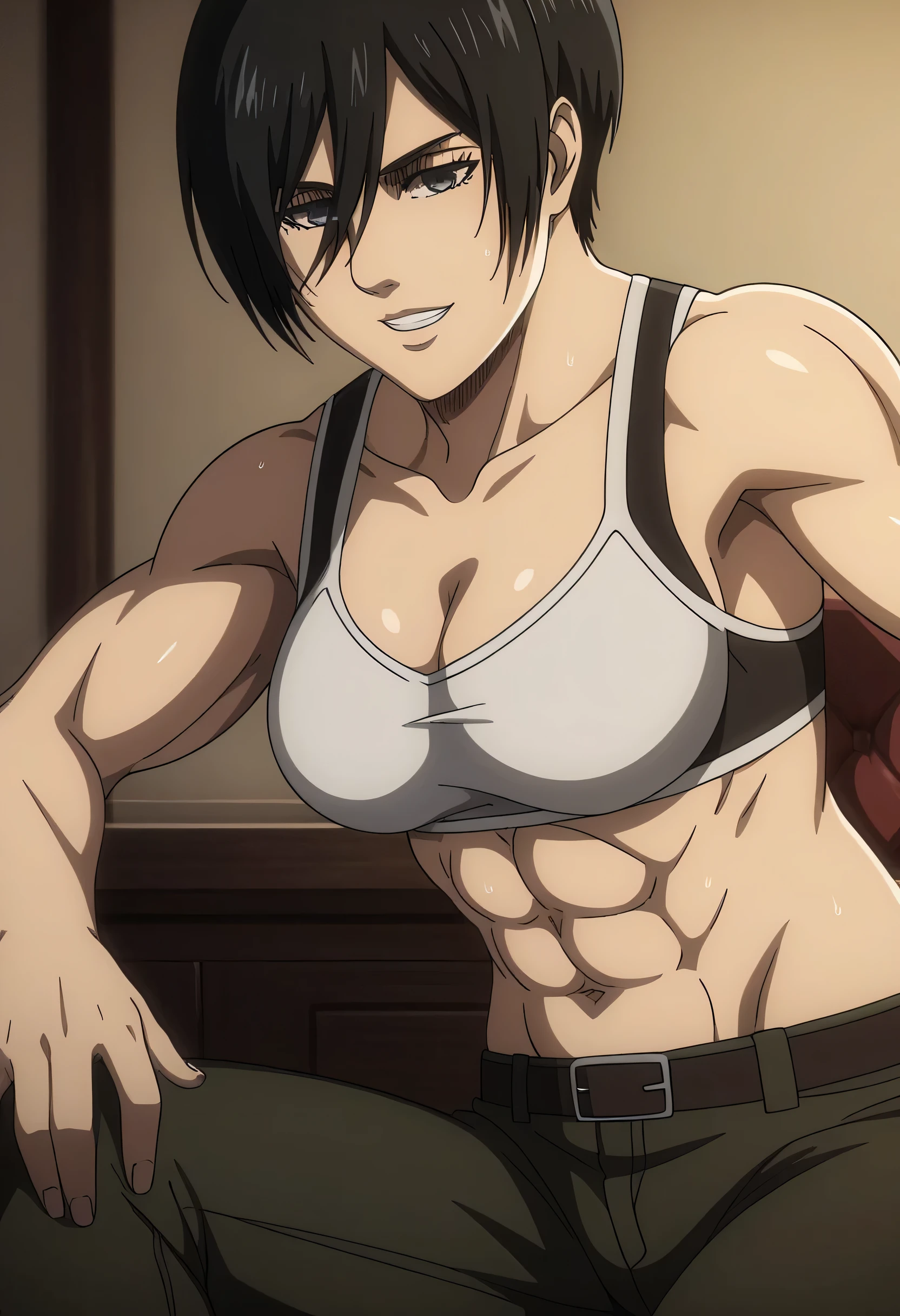 score_9, score_8_up, score_7_up, BREAK source_anime, mikasa ackrman, grey eyes, black hair, short hair, medium breasts,Mikasa wreanig black tight sport Elastic fiber bra and black loose military trousers,mikasa with good looking body,perfect lighting,mikasa final season design,mikasa mappa version,sitting on chair, Perfect generation,mikasa boy hairstyle,mikasa season 4 version,attack on titan graphics,in night,HD wallpaper,perfect colors,pixie cut hairstyle,fighting face,,Sweat body,mikasa flat stomach,mikasa only six-pack,normal body size,anime style,tone six-pack,attack on titan season 4 style,upper body,close review to character,bra design as tank top, mikasa handsome face,in bedroom,light trun off in room,mikasa alone in room,solo,1girl, serratus anterior muscles,Qblique muscles,female navel,teeth appear at smile,too white skin,short appear in mikasa pants,Mikasa muscles lines detailed,open pants buttons,belt off,hand laying on leg,choza sitting,reviewing from side mikasa,