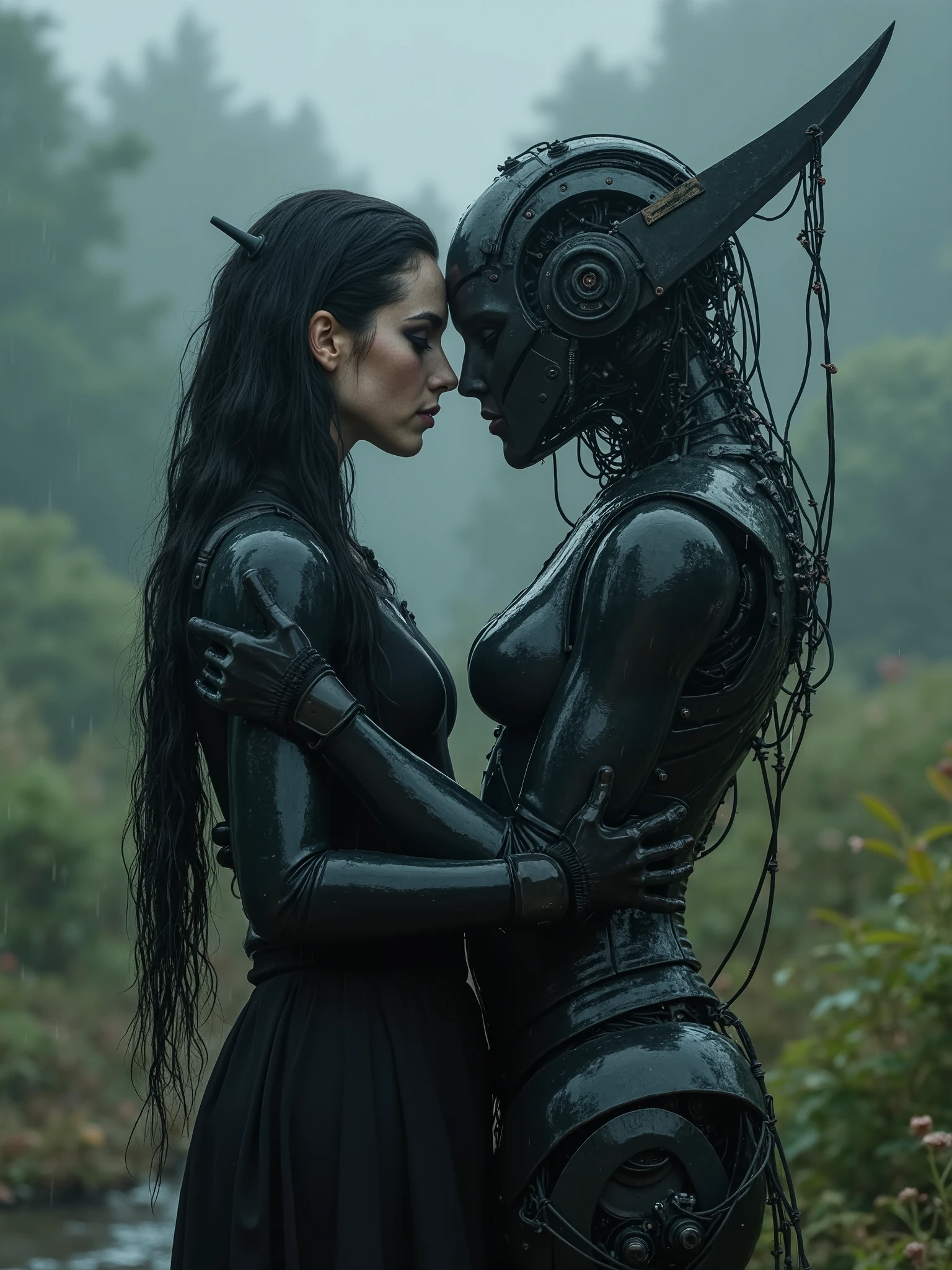 biomechanical machines woman with long black hair, dark makeup,splicing together,passion and love,pierced with a giant sword,garden with giant machine that bind thorns onto them,post apocalypse,covered in smoke in the background,pouring rain,wet,dark realistic photography, surreal dark art,dark biomechanical art,dark ambience