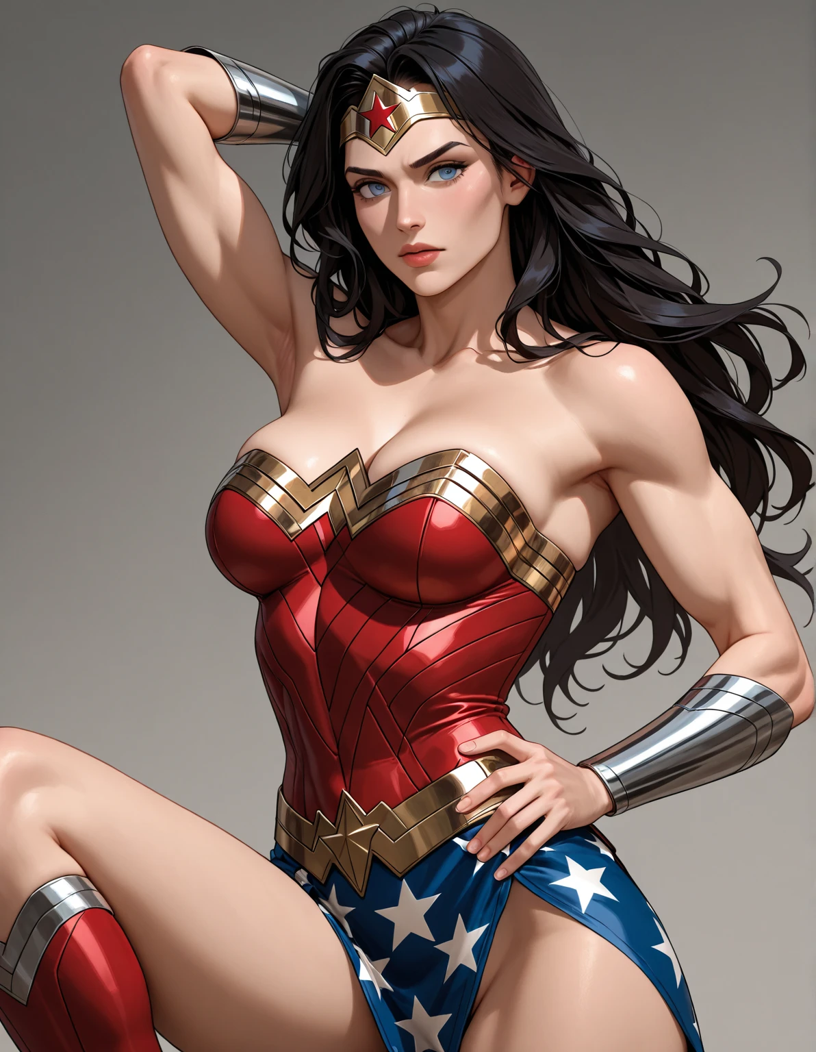((highest quality)), (4k, highly detailed, high-detail RAW color photography, masterpiece: 1.2), (realistic and realistic photo: 1.4), cinematic lighting, reality lighting, photon mapping, physics-based rendering, close-up of a woman in a Wonder Woman costume standing in front of a building, Wonder Woman, portrait of Wonder Woman, Wonder Woman, closed mouth, serious, heavy breathing, (delicate detail, makeup), (delicate and beautiful delicate face, delicate and beautiful delicate eyes, face with perfect proportions),  (realistically moist skin: 1.0), (drenched body: 1.1), (wet skin), wet hair, , delicate skin, strong and realistic blue eyes, realistic black hair, lips, makeup, natural skin texture, tiara, jewelry, stars \(symbol\), leotard, bulletproof gauntlets, red knee boots, golden belt, (public attire: 1.5), bare shoulders, slightly sunburned, mature, sexy, elastic muscles, (muscles: 1.2), ((strong and healthy body)), (more muscles))),  Long legs, curved, (big breasts: 1.3), thin waist, soft waist, (delicate skin), (beautiful and sexy woman), (swollen lips: 0.9), (eyelashes: 1.2), (sunken skin), very delicate muscle definition, breasts, solo, cleavage, pretty face, perfect body, muscular, detailed face, realistic skin details,