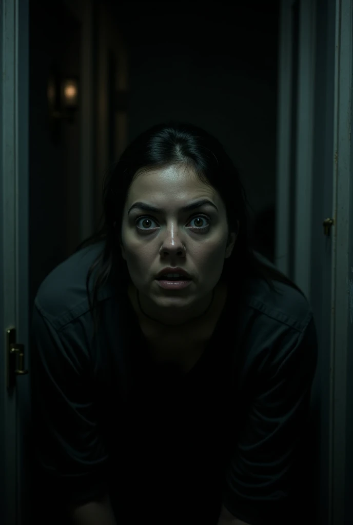 Wife worried about her demon-possessed husband in their dark, dimly-lit bedroom, ultra-clear image.