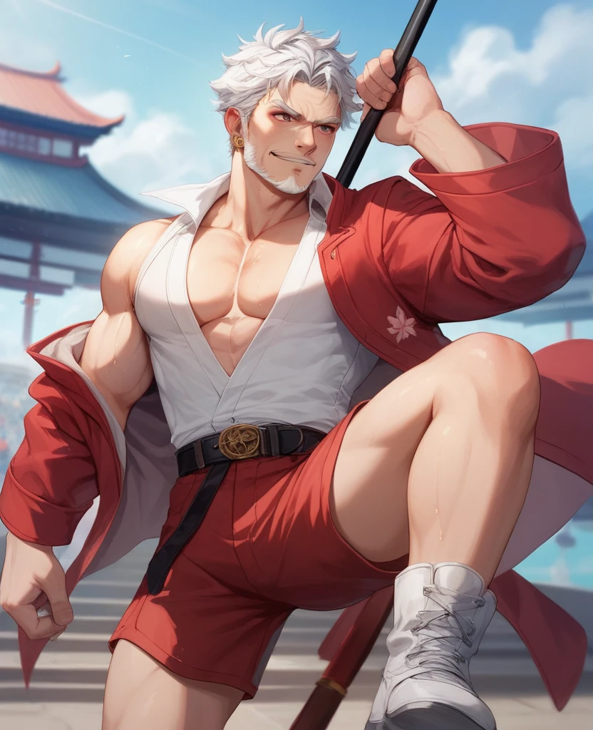 Highest image quality,male people,1 boy,Young and handsome,shoun,White color hair,Short flat top hair,Dark skin,anime big breast,anime wallpaper,Solo,malefocus,Briefs,Dilation of the pectoral muscles,Red cape,Bulging crotch,Urban background,spread their legs,Sexy,(Masterpiece, Best quality),Long white socks,Red Martin boots
