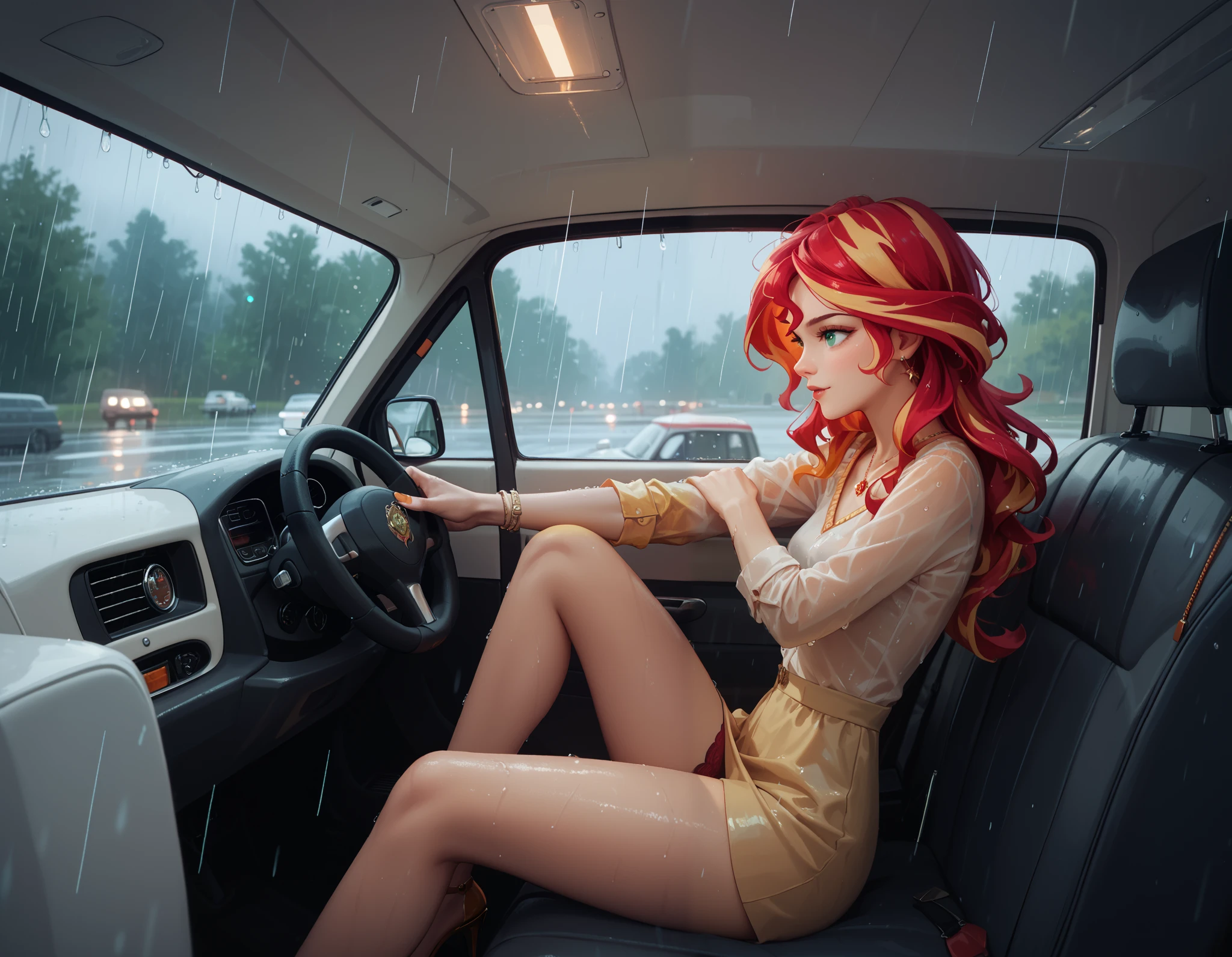 sunset shimmer, inside a van, rain outside, artistic, rating:safe, safe for work, natural censoring