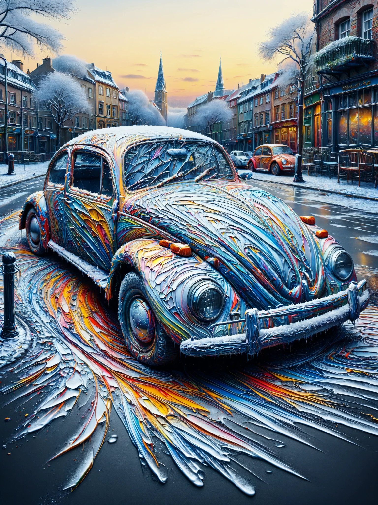 a classic Volkswagen Beetle car、 covered with ice acrylic paint 。, Park on a cobblestone road ,