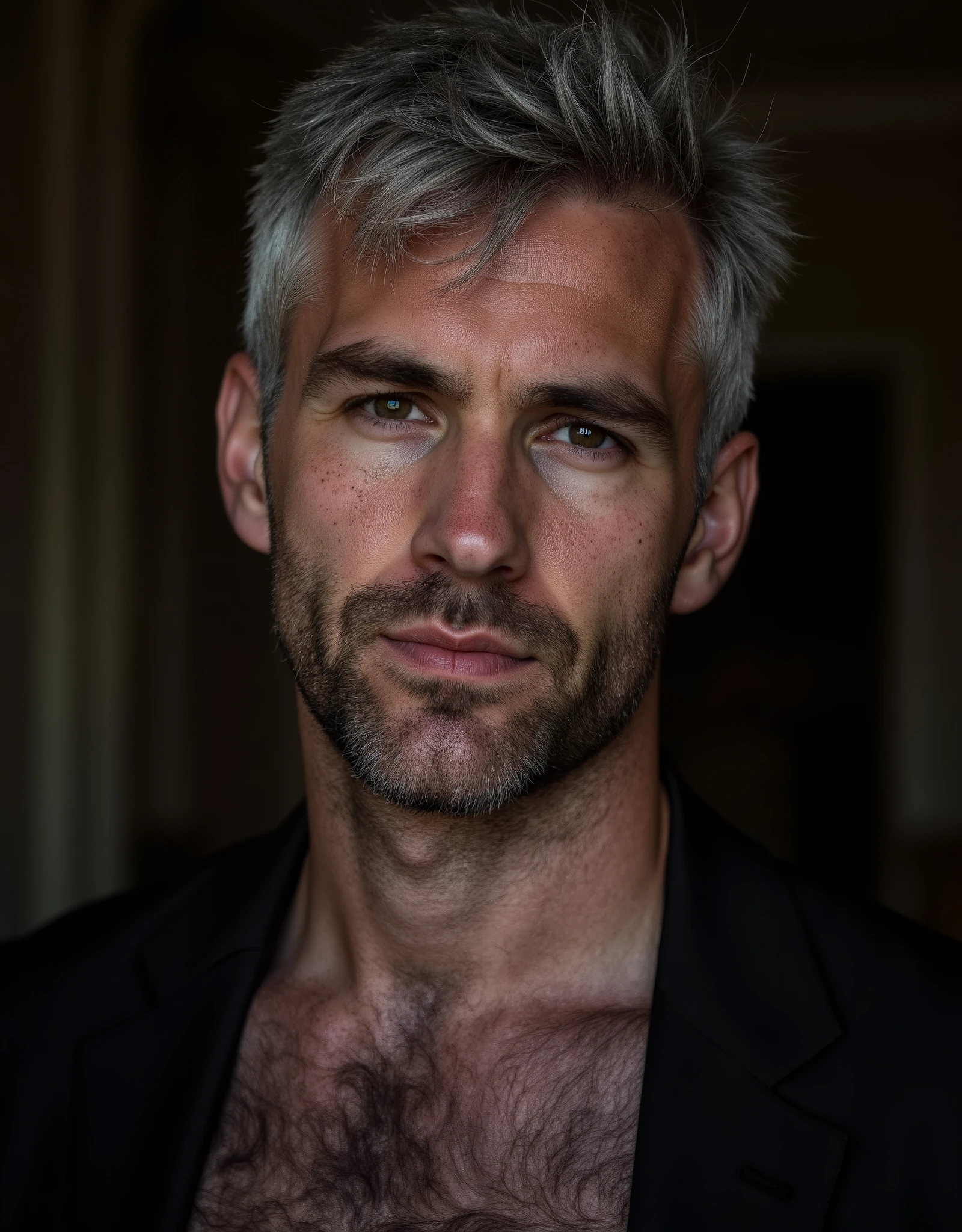 masterpiece, best quality, high resolution, closeup portrait, male focus, solo focus, A man, 20 years old, with priest uniform, priest clothes, priest father, silver grey hair, messy hairstyle, cute and seductive face, bare chest, undressing, body hair, facial hair, roman nose, scruffy, hairy abs, skinny body, hairy legs, dimples, beard, bold jawline , in the background a church back room, scruffy beard, view from below, amazing composition, front view, HDR, ultra quality, elegant, highly detailed, sexual tension, seductive