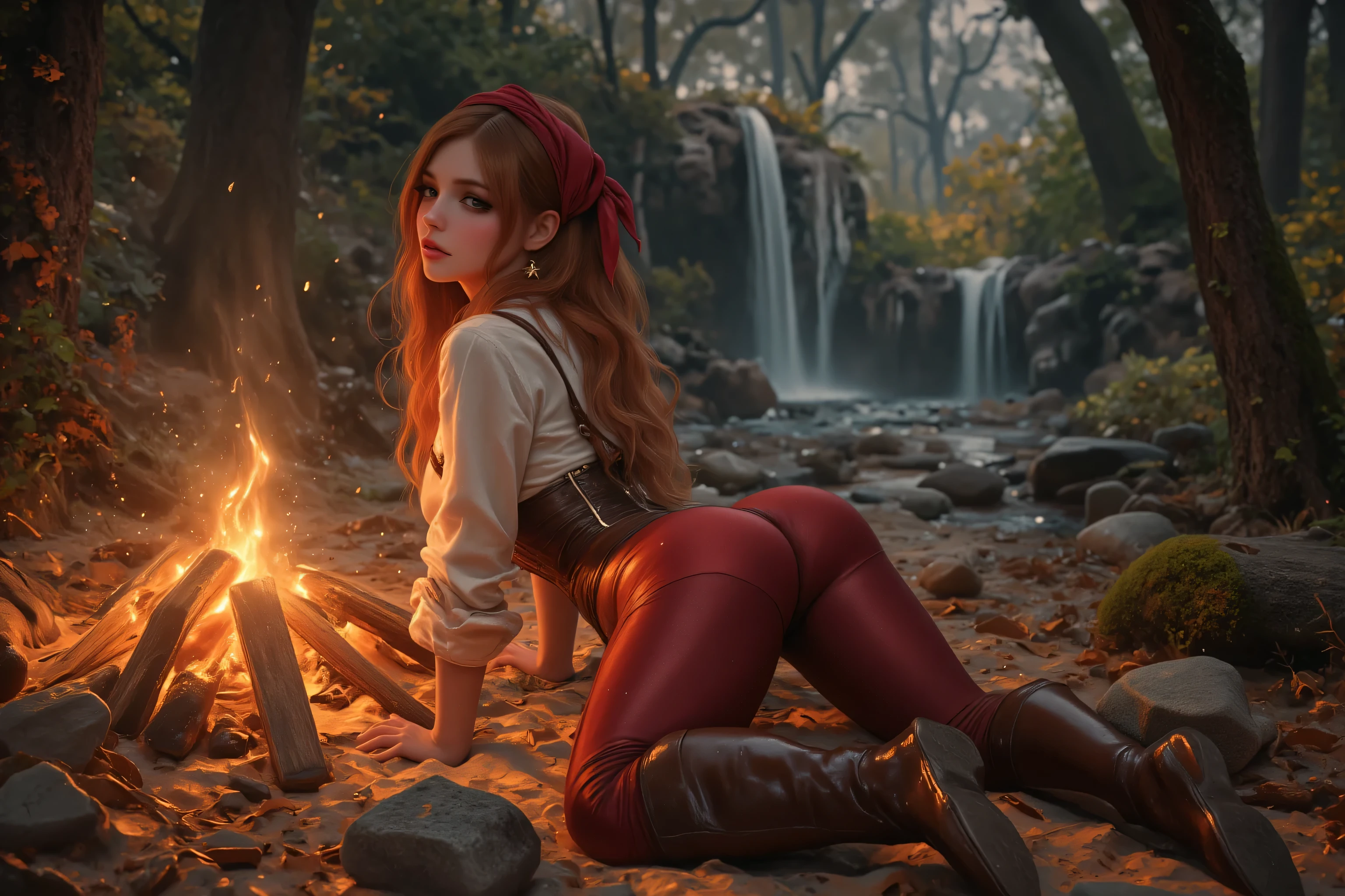 Masterpiece, Dainty elf adventurer on all fours, by the campfire , long auburn hair, black eyes with mascara, elegant suggestive pose shows the perfect shape of her butt, Figure of a dancer , small teardrop shaped breasts , slightly opened plumped lips, sweaty, looking back, (( tight-fitting red fabric pants)) , figure-hugging brown leather corset , white open shirt, high brown leather boots , Blush, in love, ((red pirate bandana )) , gold earrings, underbooty view, HD, octane render, hyperrealism, cinematic light, mystical mossy forest glade with a waterfall and a lake in the background