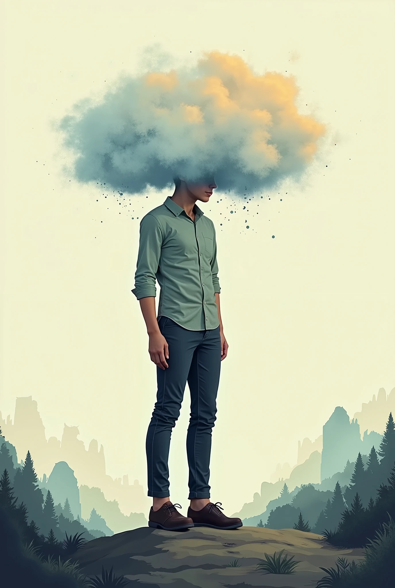 A symbolic illustration that represents the balance between pragmatism and creativity. An individual is depicted with feet firmly planted on the ground , wearing sturdy shoes that symbolize the realism and practical sense . However, , his head dissolves gently in a soft cloud , with subtle artistic elements that emerge , to symbolize imagination and vision . The background is divided into two halves : a depicts a realistic landscape with concrete details , while the other shows an ethereal and dreamlike sky , suggesting the dualism between rationality and dream . The style is modern , elegant and metaphorical , evoking a feeling of harmony between logic and inspiration .
