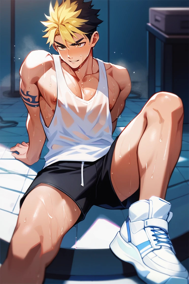 shirtless, super muscular, sweat-drenched body, dripping with sweat, 22-year old short black hair male wearing sweat-drenched white basketball shorts and rubber shoes, panting, very exhausted, drenched with sweat, sweating profusely, shirtless, sitting on the bench, bottled water, towel, in the locker room