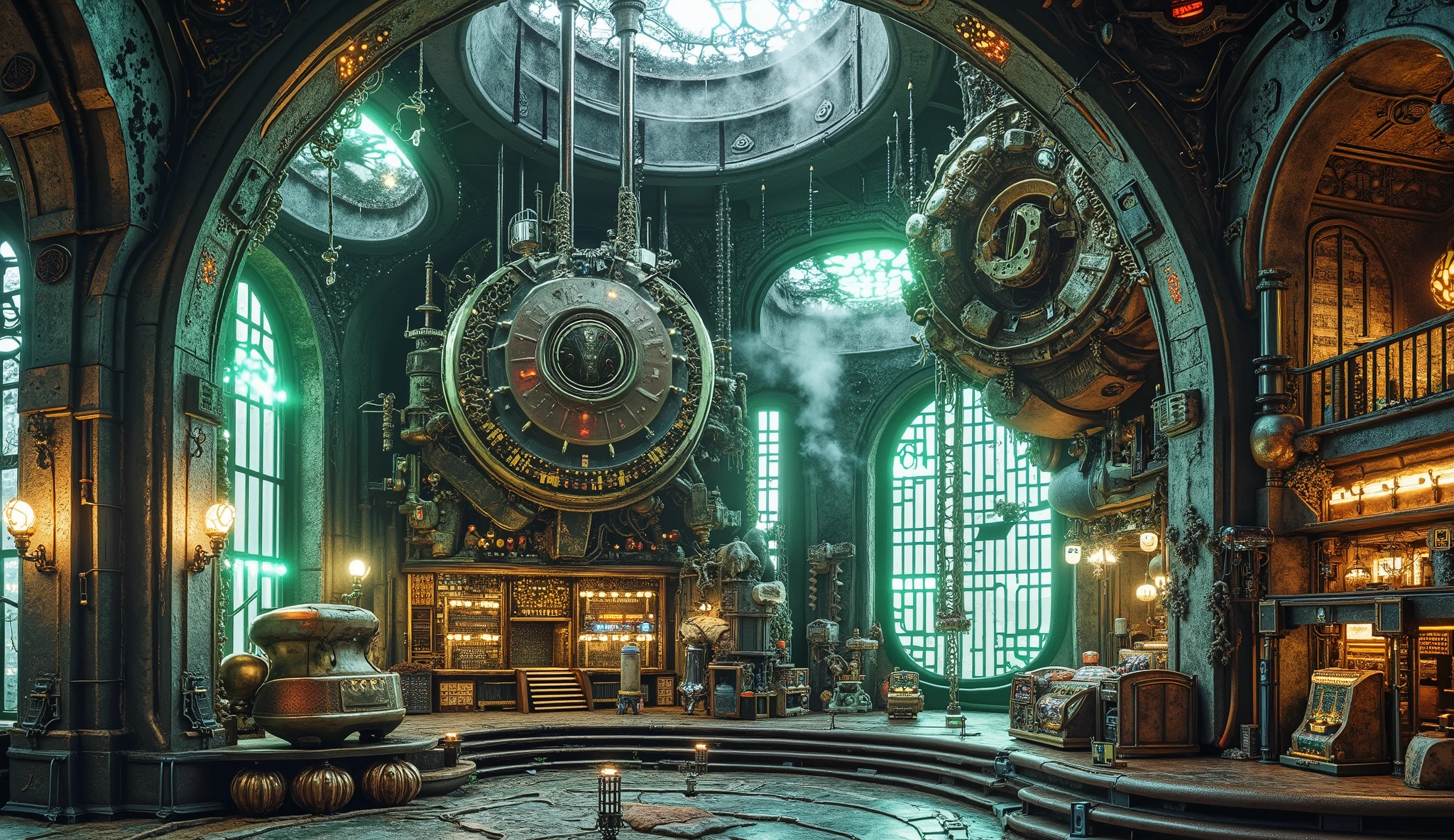 An underground temple in a steampunk-biopunk city. The temple is made of stone and brass, with steam-powered mechanisms and glowing neon crystals embedded in the walls. Organic roots and mutated plants grow throughout the space, emitting soft green and blue light. Steam vents release clouds of vapor, creating a mystical atmosphere. In the center, a massive gear mechanism powers the temple's bio-steam technology. Ultra-detailed, cinematic lighting, 8k resolution.
