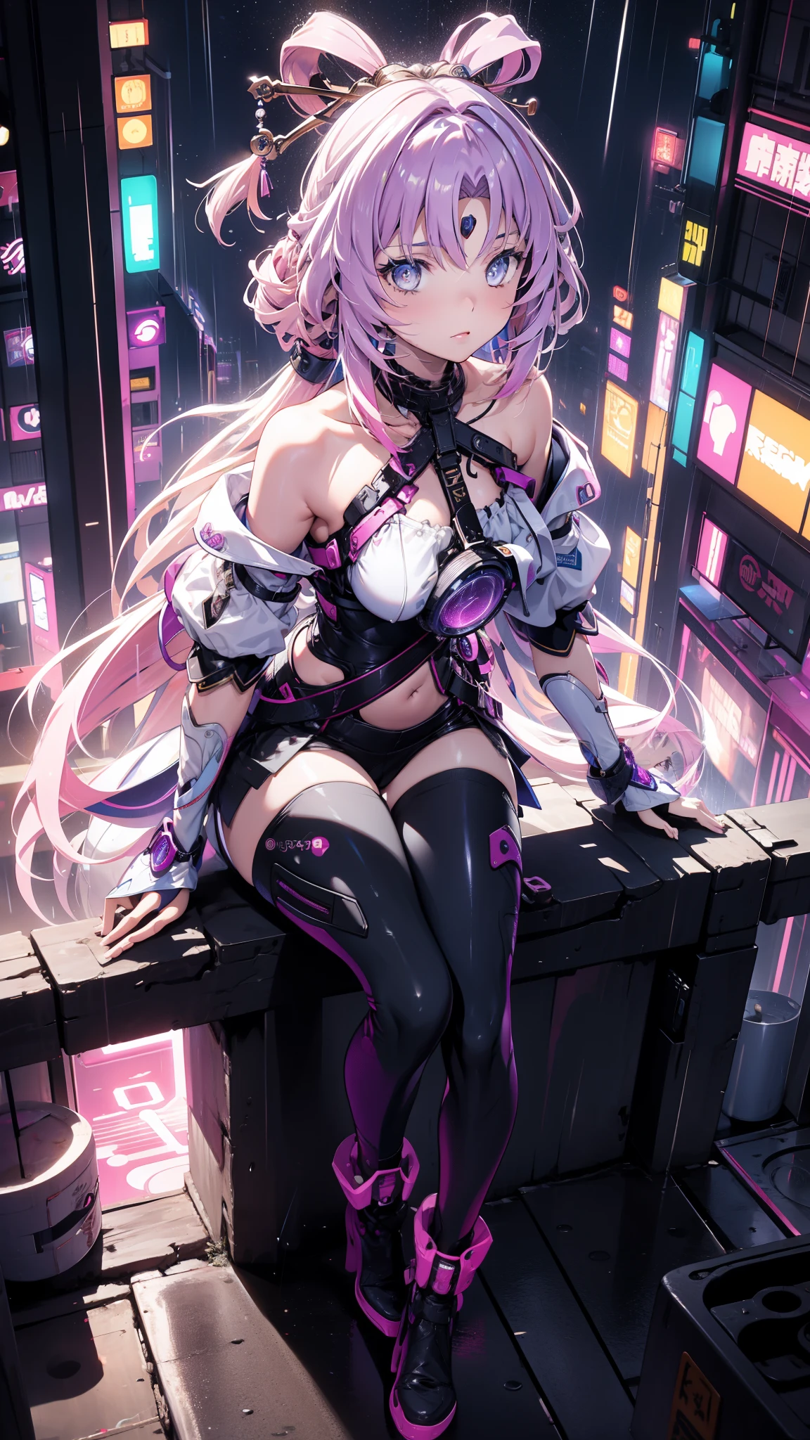 portrait, 1 girl, pretty face , asymmetrical hair, Colorful hair, sash, Bodysuit , Cover your mouth, cover navel , separated sleeve , grey eyes , hip vent , Slit Jacket, charming, watching the audience, Night City, neon, rain,