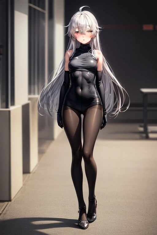 Long black hair, flat chest, one-piece swimsuit, pantyhose, bare feet