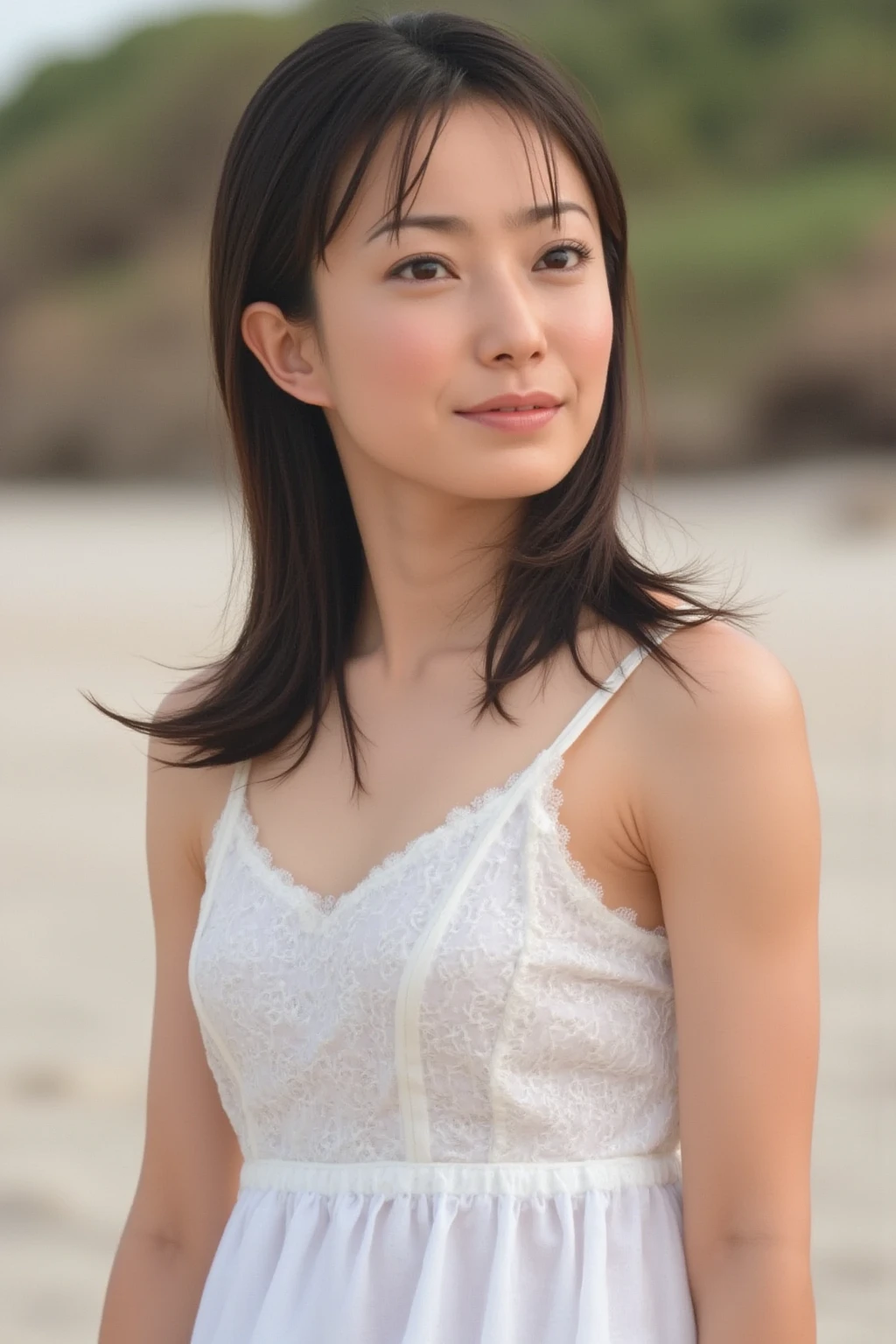 8k, highest quality, masterpiece, super high resolution, (realistic:1.4), RAW Photos, (Film Grain:1.3), One Girl, a skinny Japanese woman, 40 years old, standing on the beach. She has a cute face and black hair. She is wearing a white blouse on nude, a gray pleated skirt. ((the skirt flutters in strong winds)). (Real skin texture:1.3), correct body anatomy, ((detailed face, detailed eyes)), phòtogravúre