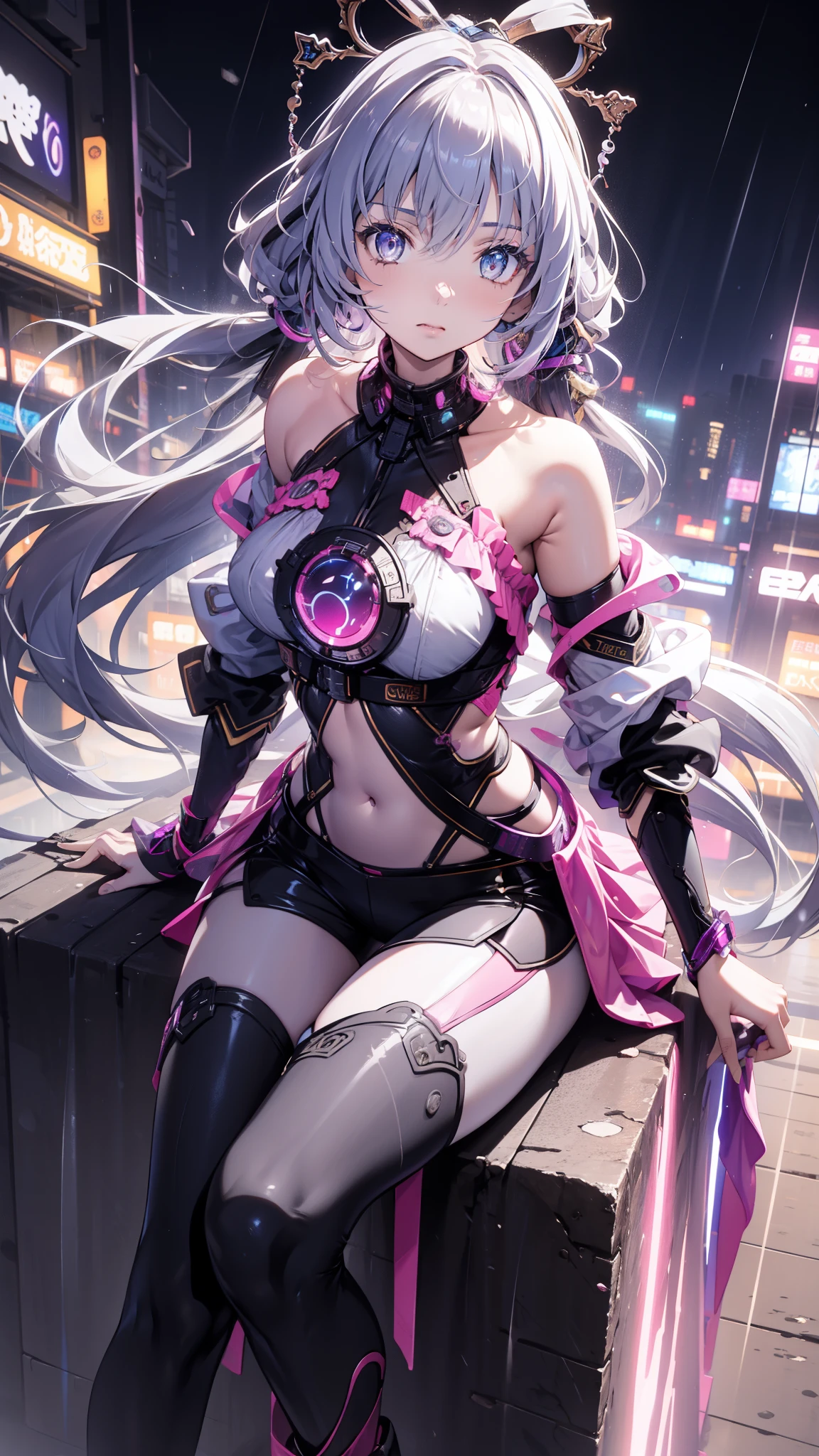 portrait, 1 girl, pretty face , asymmetrical hair, Colorful hair, sash, Bodysuit , Cover your mouth, cover navel , separated sleeve , grey eyes , hip vent , Slit Jacket, charming, watching the audience, Night City, neon, rain,