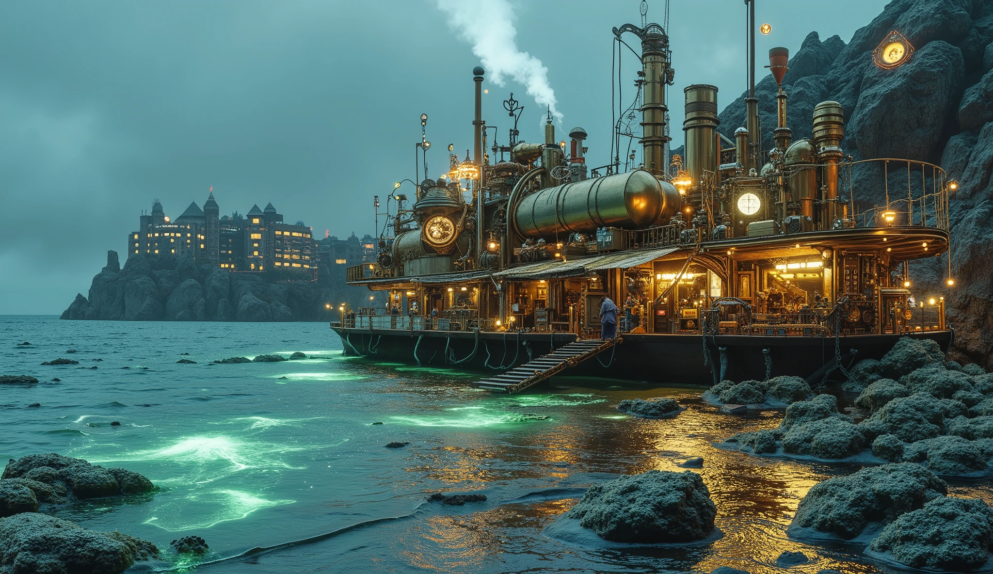 A futuristic beach in a steampunk-biopunk city. The ocean glows faintly with bioluminescent waves in shades of green and blue. A large steam-powered sea vessel rests near the shore, its brass hull covered in organic barnacles and glowing tendrils. Steam rises from the ship's chimneys, blending with the misty air. In the background, Victorian-style buildings with glowing windows rise above the cliffs. Ultra-detailed, cinematic lighting, 8k resolution.