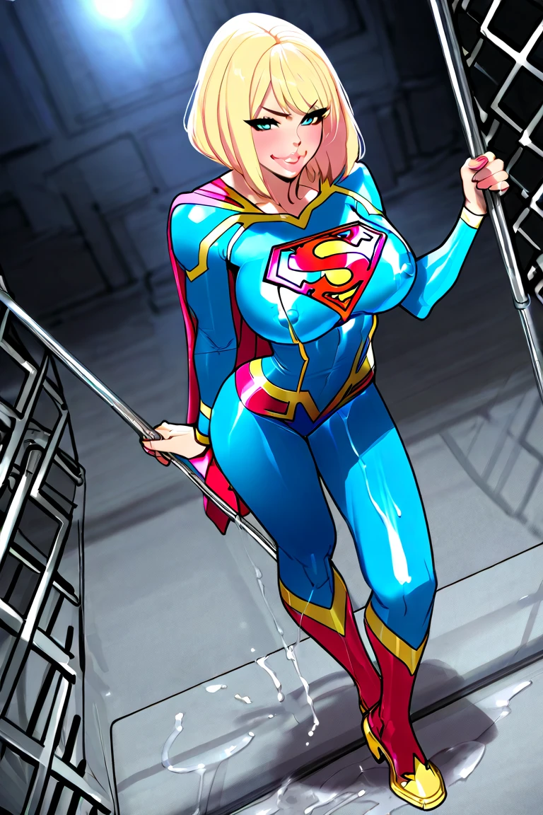 Fighting pose , Fullbody shot , supergirl Wear Blue bodysuit and red Monokini , So huge breasts.