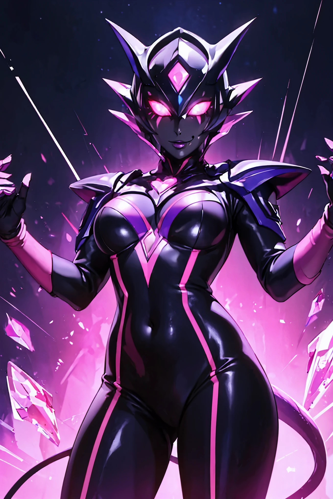 Dark UltraWoman. (high quality)(luster)((Black Face and red eyeline))(Black and purple thema color. black helmet. A full-face helmet. Pink lines. Purple glowing mechanical eyes. The whole body is covered with a black bodysuit. Thick legs. Spike decoration. Pink lines all over the body. Heart tattoo . purple coloreye. pink glow crystal. pink sharp claw. Night background.