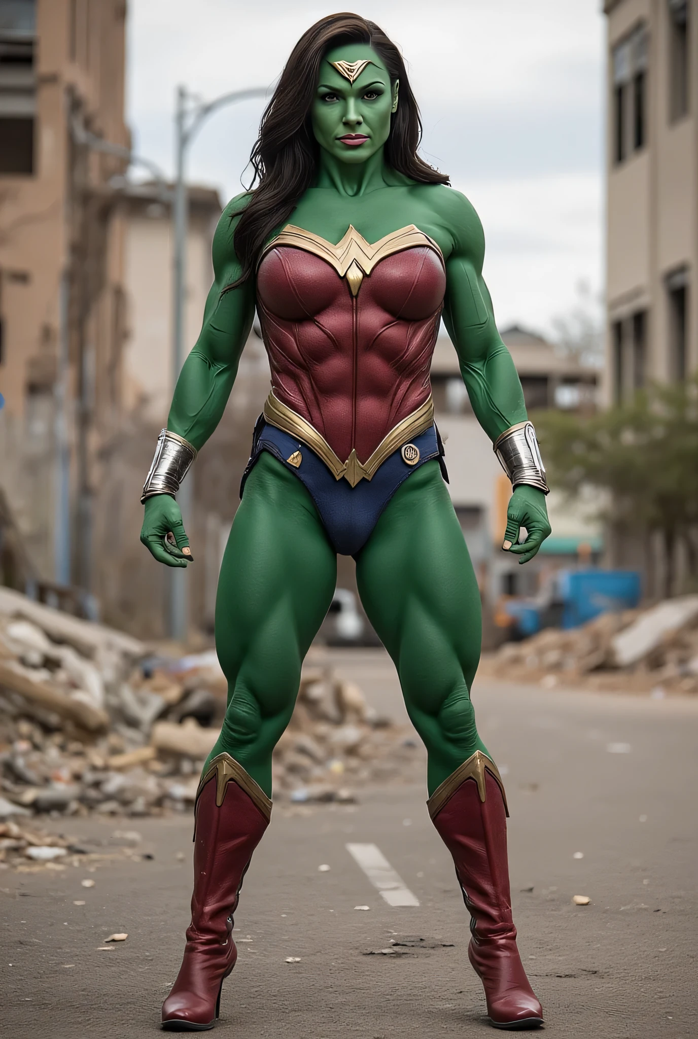 Gal Gadot a powerful, muscular and voluptuous female, green hair, green skin. She is wearing the traditional Wonder Woman costume fitted to her body. She is standing on the street of a ruined city. Front shots. Full body shots