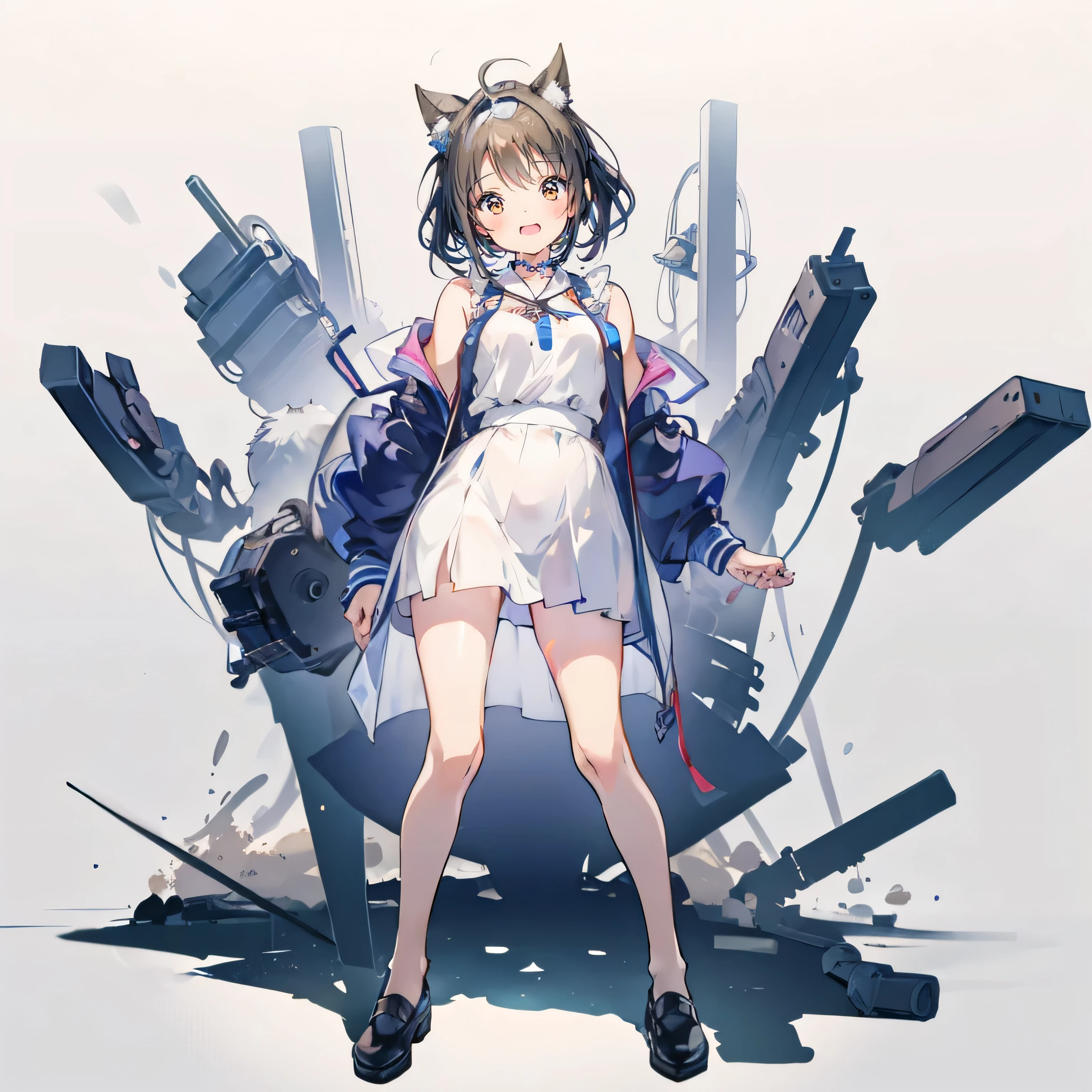 whole body、 is cool、 handsome、vtuber、 white background、1 person、front、 standing picture、Arms at sides、upright、 open your mouth、smile、 simple clothes、 modern attire、whole bodyが見える