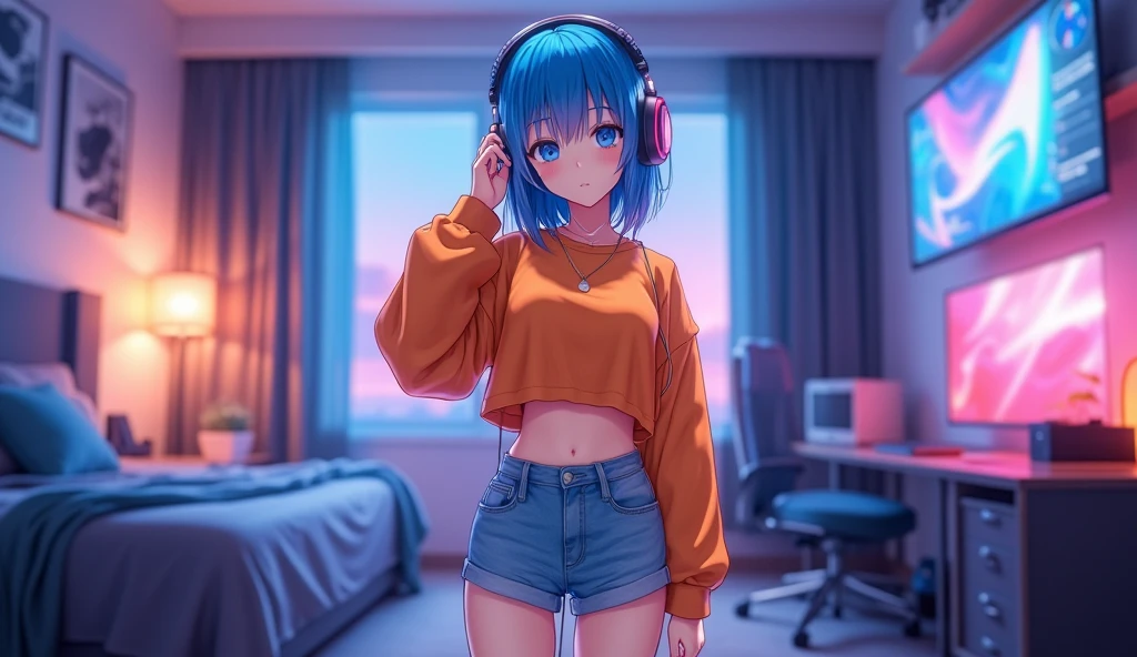 A Japanese-style anime character , 18 years old, with straight shoulder-length hair in vibrant blue (#549ed9) and intense blue eyes , is standing in the center of your modern gamer room , looking directly at the camera with a confident expression and catchy . Your posture is relaxed , with a slight hip angle and a hand resting gently on the waist, while the other adjusts the wireless headphones .
She wears a wide and very short cropped,In the Underboob style, that is, it shows half of the model's breasts, The cropped is in a vibrant orange color (#db6700 ), that enhances your silhouette and leaves part of your waist exposed . Her short light blue denim shorts (#3c95c1 ) completes the look, highlighting her long and well-defined legs . The bedroom lighting creates a soft glow on your skin , giving an immersive touch to the environment .