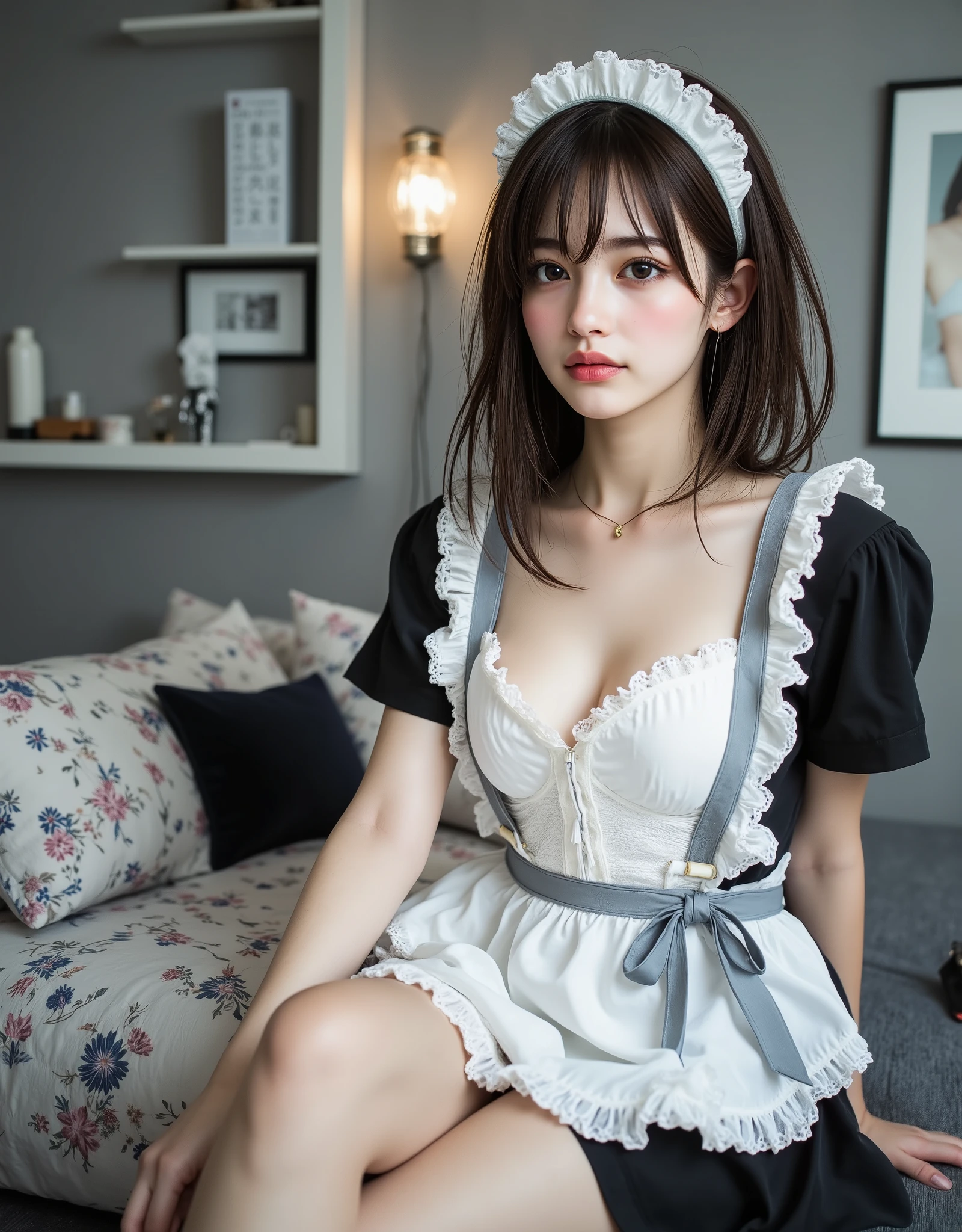 (Canon), (EOS R5), (50mm), ((( photorealistic:1.5))), (No lens flare :1.5), ((超 high res)), ( Masterpiece), accurate,( by Nomiな質感の肌), super detailed, high detail on the face, high quality , Award-winning work , 最 high quality, 32K, depth of coverage, digital camera, award-winning glamour photo , professional lighting,(SFW), ((最 high quality:1.5)), (( Masterpiece:1.5)), (( by Nomi)), high res, by Nomiな影, Roughness, Real Life,(( A very beautiful and cute Japanese woman :1.5)), (( cute Japanese top idol )), ((Upper body shot seen obliquely from the front :1.5)), ( upper body shot seen from the side :1.2), (( upper body shot from head to knee :1.8)), (( cute 18-year-old Japanese high school girl )), 1 girl, (( Very cute maid girl with a gray bow )), Beautiful and adorable bedroom , ( sitting on the bed), is looking at this, ( brown medium hair), ( I'm wearing a white fluffy headband with big ruffles on my head:1.5), (I'm wearing a gray ribbon ), (( I'm wearing luxurious black and white gothic Lolita-style maid clothes )), (( I'm wearing a gorgeous white apron with lots of frills )), with lots of frills , Knee-high socks with gray stripes up to the thigh, black and gray stripes, There are cases where black leather maid shoes are placed next to the bed, dreamy and shy expression , Attractive cuteness , seductive poses, Height: 160cm, slim figure, beautiful shaped big bust , F Cup, cleavage of bust visible, (( very cute smile with slightly visible teeth :1.5)), ( alone:1.5), (Only one person in the bedroom), ( show your hands as little as possible ), ( brown eyes:1.9), ( Detailed depiction of extremely realistic skin ), (Highly detailed, realistic eyes:1.9), ( extremely beautiful long realistic eyelashes ), (Highly detailed, realistic eyebrows), (丸い brown eyes :1.8), ( beautiful catchlight on the eyes), (Realistic lips with moisture ), ( white realistic teeth neatly arranged ), ( Beautiful and Detailed Face :1.6), ( hourglass shape:1.6), (Wasp waist :1.5), ( Perfectly round and beautifully shaped bust :1.8), ( clearly contoured cheekbones :1.5), ( perfect style body :1.8), (Healthy body :1.8), (Narrow shoulders:1.9), ( viewer), ( captivating gaze), (Beautiful, natural-looking hands), ( beautiful white nails with a beautiful length ), ( playful and curious posture ), gray-themed bedroom , ( the whole room is light blue ), Gray wall, Gray ceiling , Gray floor, There is a black pillow with a white and gray flower pattern on the bed, gray bed sheets with floral patterns , dark gray curtains with flower patterns , Gray furniture , soft white lighting , ( Dreamy Cozy), fantasy style, Glow effect, Bright dynamic lighting ,