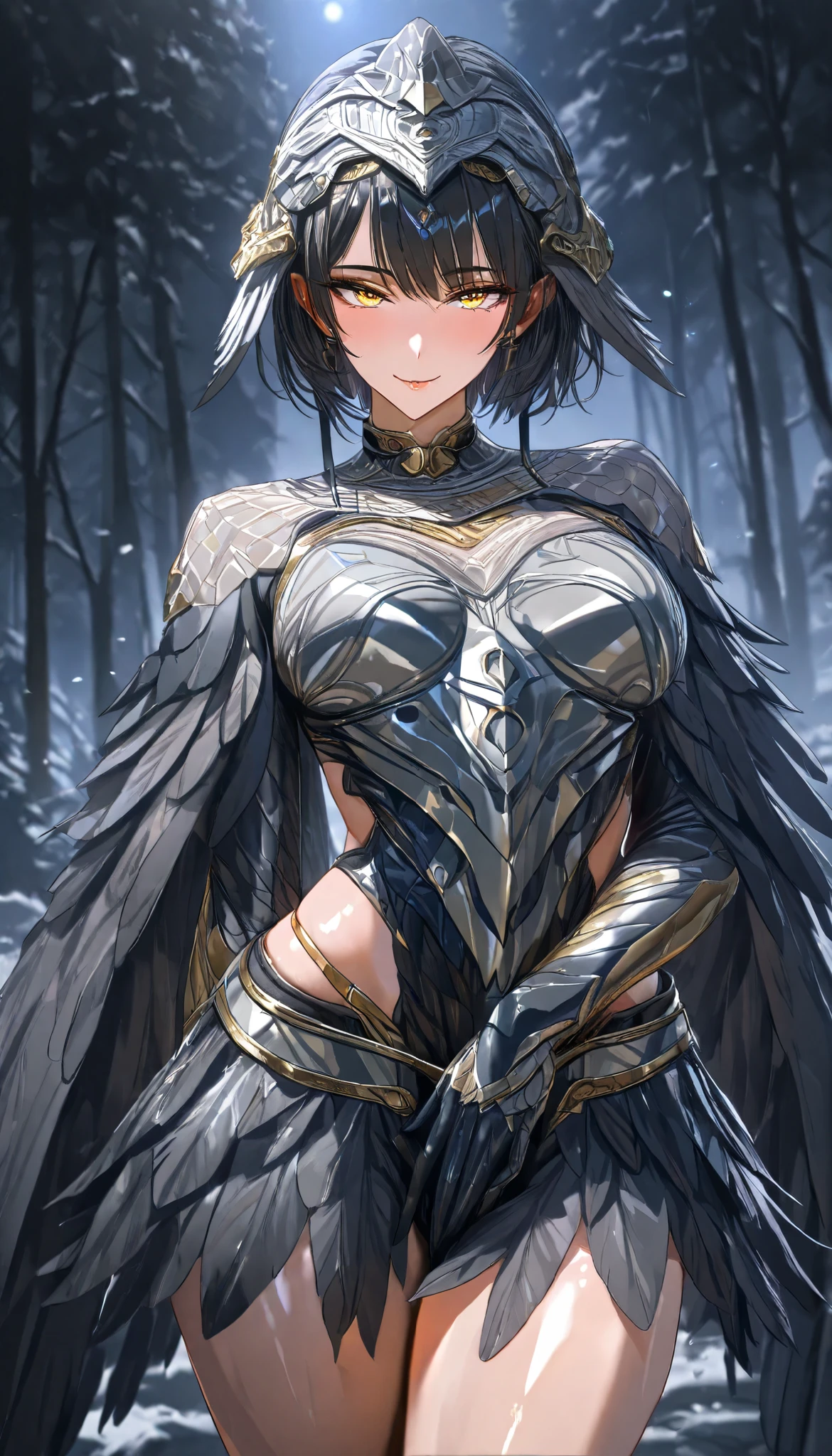 SOLO, A Falcon Female ,Perfect body ,Shiny skin, Grey and black short hair, Falcon Icon headdress, Yellow eyes, A pair of Grey falcon wings cover her body, Wearing A Grey Feathered leather armor with Falcon characteristics, Flying in the forest, Torogao, seductive smile, Midnight,Moonlight, UHD, anatomically correct, masterpiece, textured skin, high details, highres, 1080P, 16k, accurate，Beautiful face, Perfect face, Highly detailed beautiful face and eyes, Attractive face, Detailed face, Delicate facial features, Detailed skin,Cowboy shot