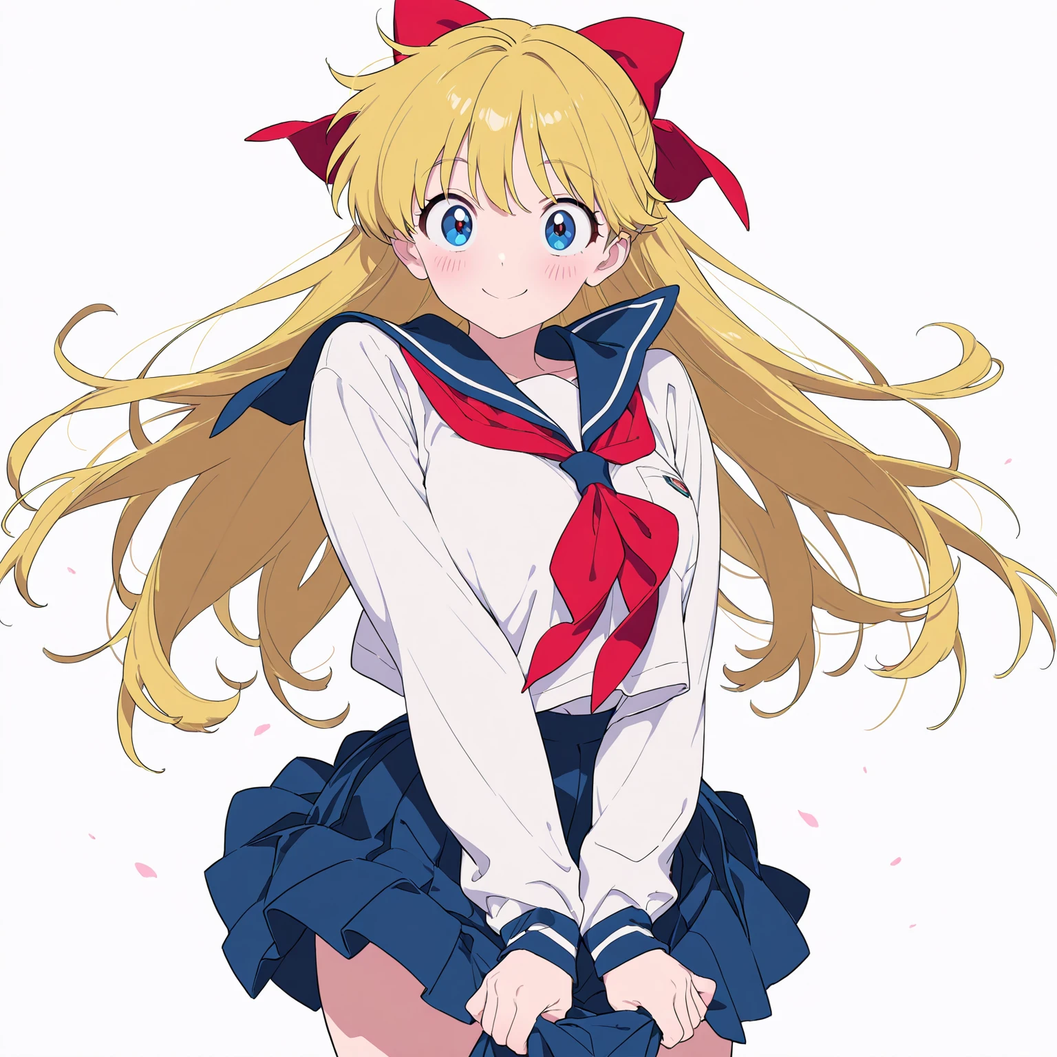 (1girl, sailor outfit), blonde hair, blue eyes, {{white stockings, hair ribbons}}, (8k wallpaper, sky background)