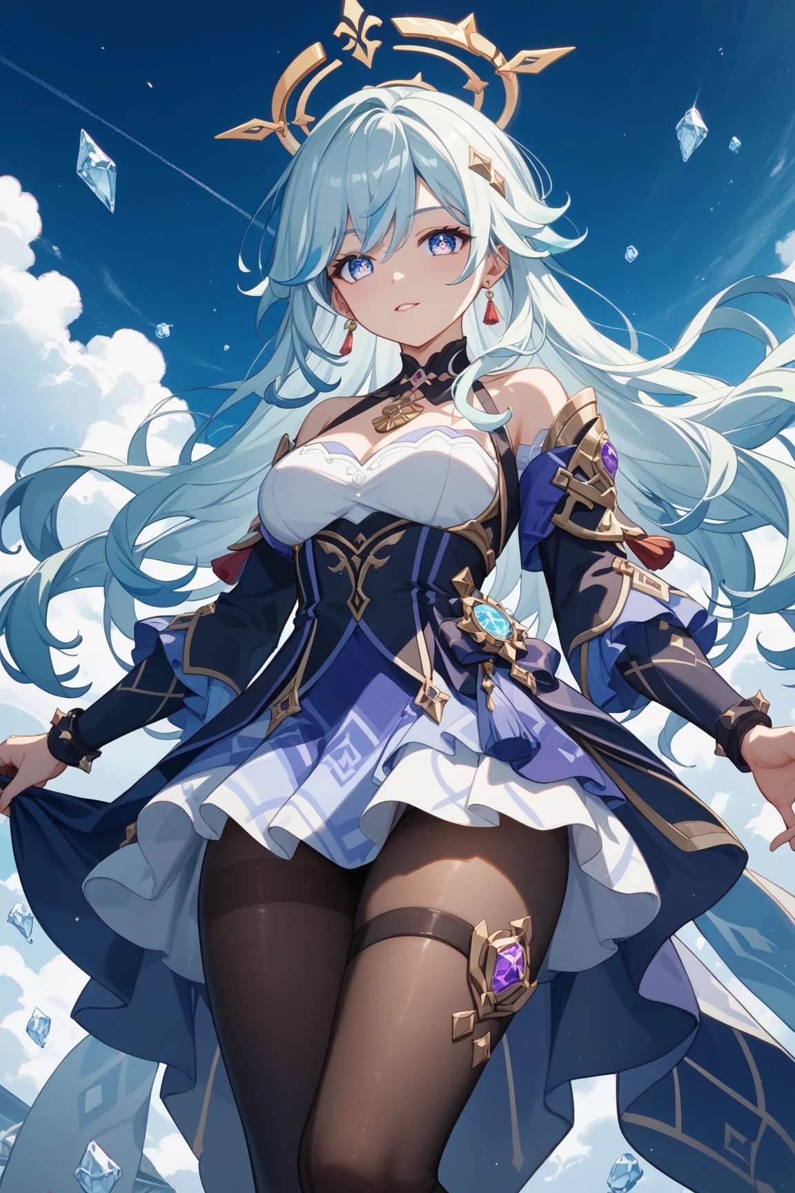 (Highest quality)), ((masterpiece)), (detailed), battlefield、One hurt girl, Crystal clear light blue hair、Her hair is gradated and white from the hairline to the middle.、Hair length is up to the knees、Gorgeous light blue lustrous nightgown、The hair ornament is glittering gold.、Silver hair ornament、She has big breasts、Adult face、