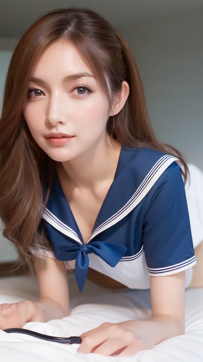Ultra high definition, Highest Resolution, (See through:1.5),White Seraphim,Sailor suit, White Theme,school uniform, Sailor suit, View your viewers, Soft skin texture, Soft and attractive lips,Lip gloss, Insanity, Disheveled long hair, Beautiful attention to detail,Hair shines,Elevation,Blue sailor collar, Firm breasts,smile,Partially submerged photography... whole body,