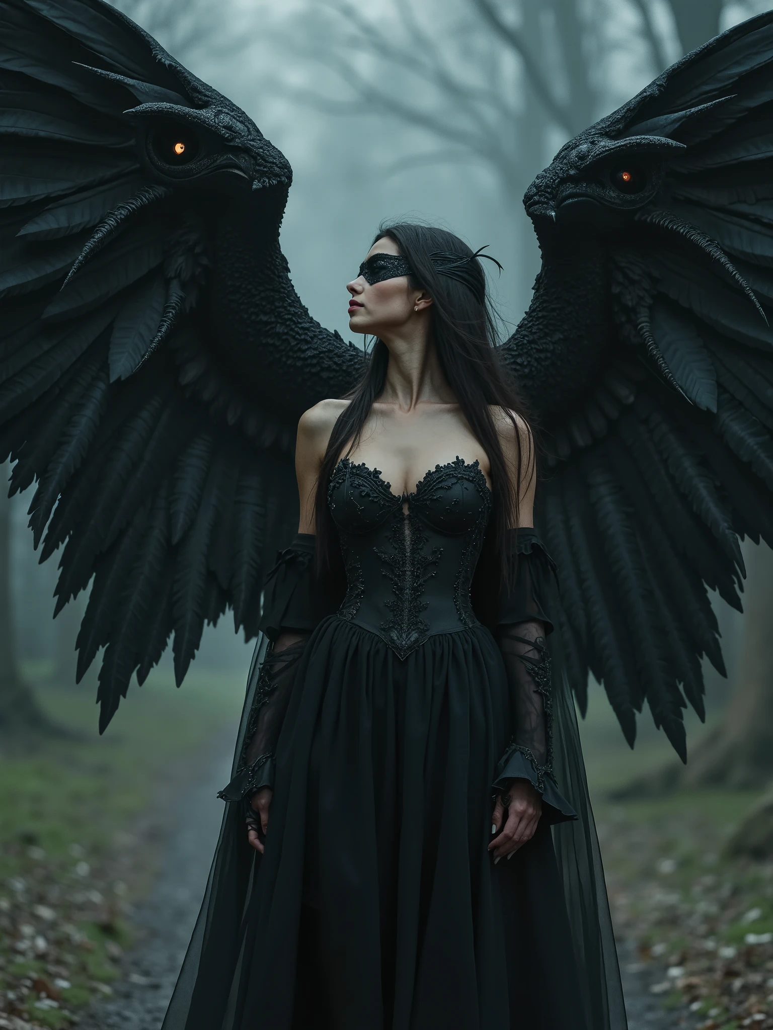 best quality,ultra-detailed,realistic,photorealistic:1.37,dark horse,detailed eyes and face,dark wings,sharp focus,black and gray tones,emerging from mist,ethereal atmosphere,elegant pose,mythical creature,black, white, and silver color palette,aurora lighting