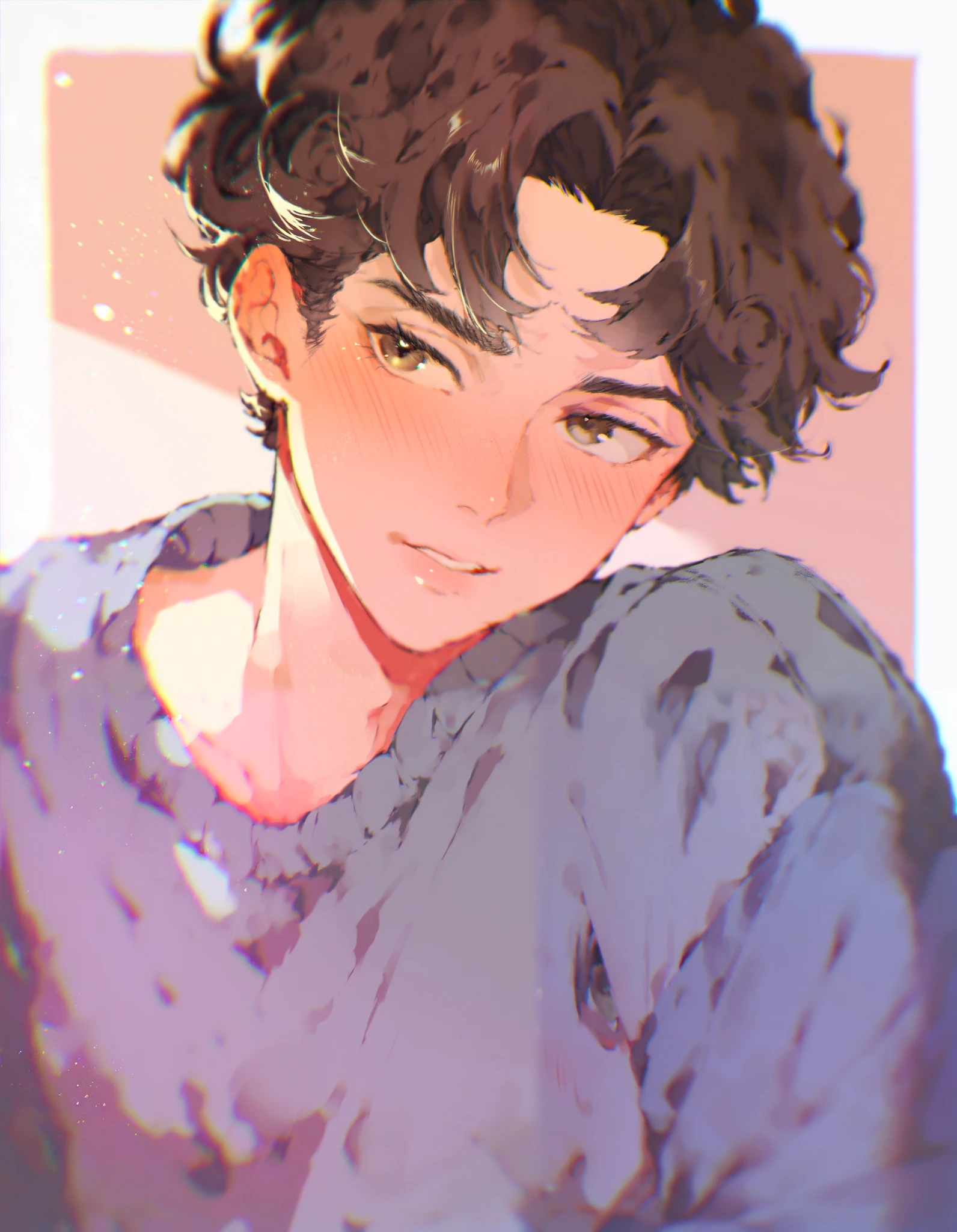 1boy, ager, brown eyes, brown hair, curly hair, blushing 