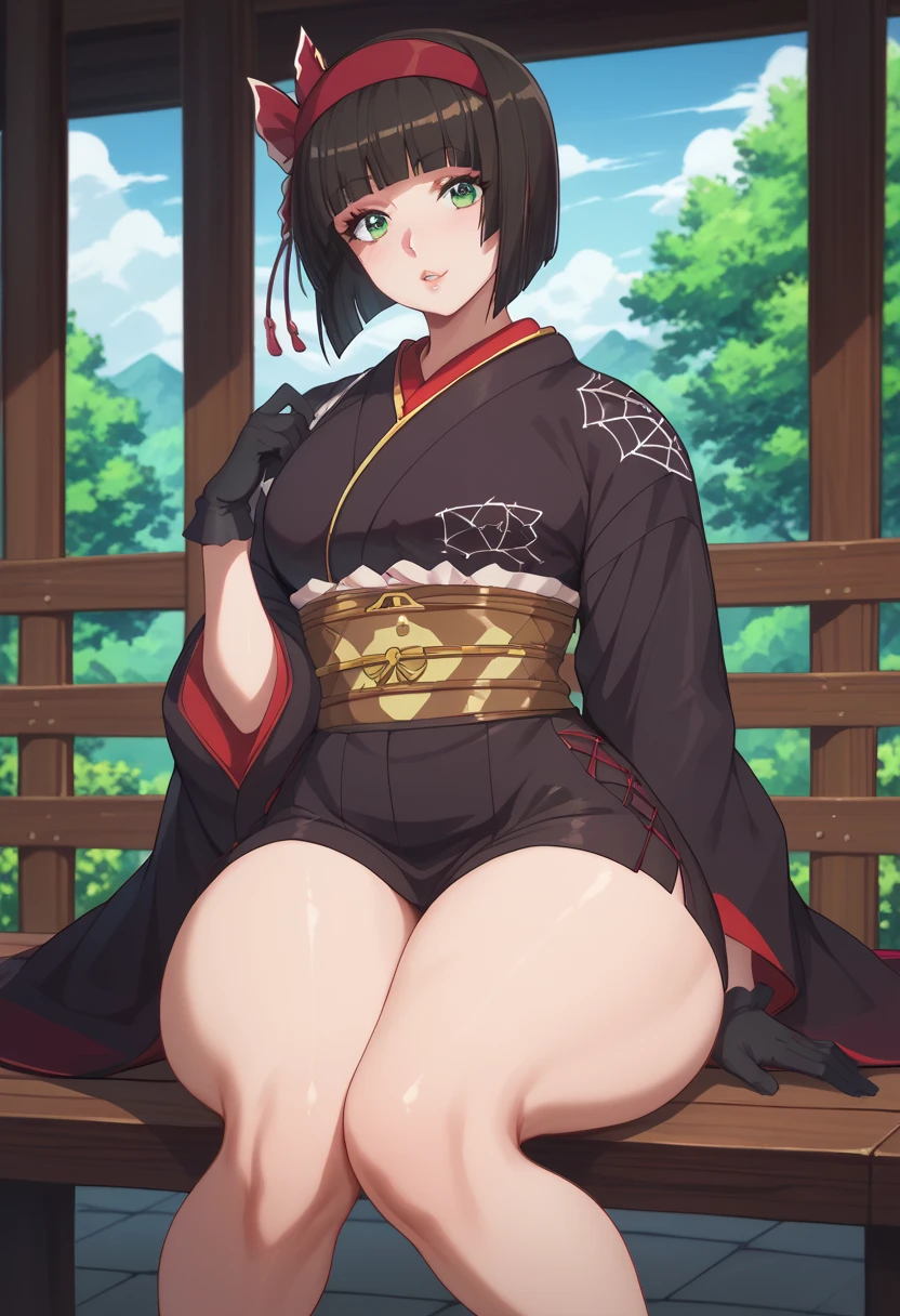Mio same as the original, HDR, UHD, (masterpiece:1.2, best quality), (finely detailed beautiful eyes:1.2), (extremely detailed CG unity 8k wallpaper, ultra-detailed), nude, ((pussy:1.2)), 1girl, (shirt lift), undressing, thighs, ((look from below)), looking at viewer, side braid, ((panty pull)), no panties, perfect anatomy, large breasts, hairband, japanese clothes, purple kimono, black gloves, hair bow, spider web print, sash, obi, hair ribbon, High contrast, (perfect illustration, extremely delicate and beautiful), beautiful detailed glow, (beautiful detailed face, beautiful detailed eyes),