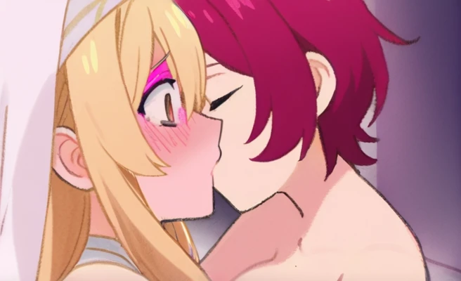 A couple lie on the floor in a church in the middle of the night, embracing each other and kissing. The woman on top has long blonde hair and wears a veil, and while feeling embarrassed, she kisses him to kill him. The man on the bottom, with short red hair, turns pale and cries, begging for his life, but dies. Kiss, cleavage