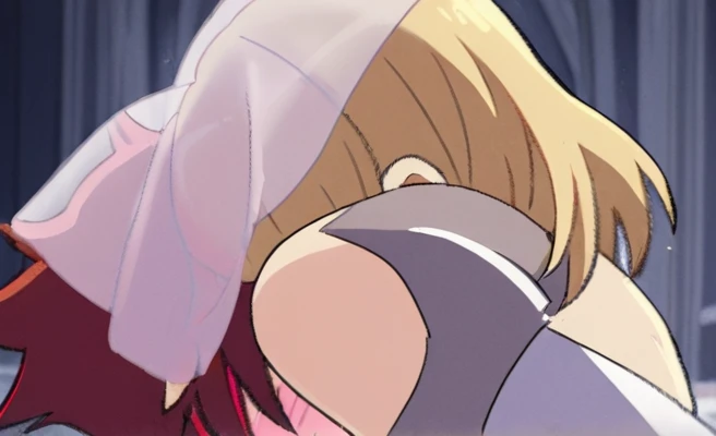 A couple lie on the floor in a church in the middle of the night, embracing each other and kissing. The woman on top has long blonde hair and wears a veil, and while feeling embarrassed, she kisses him to kill him. The man on the bottom, with short red hair, turns pale and cries, begging for his life, but dies. Kiss, cleavage