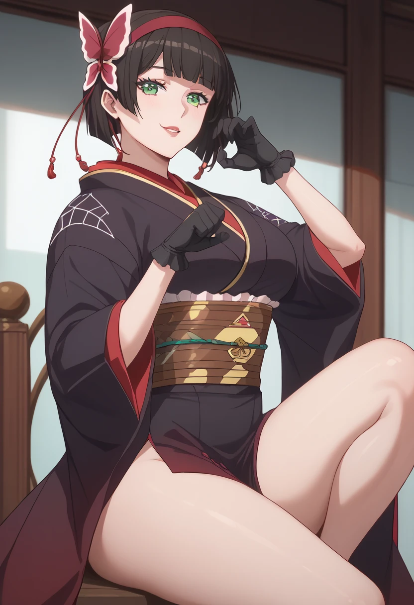 1girl, (shapely body), (solo), <lora:Saiai Kinuhata_L:0.7>, RAW, hdr, saiai kinuhata, solo, short hair, brown hair, gloves, brown eyes, jewelry, japanese clothes, barefoot, elbow gloves, indoors, fingerless gloves, kimono, necklace, sash, kneeling, obi, phone, table, short kimono, one knee